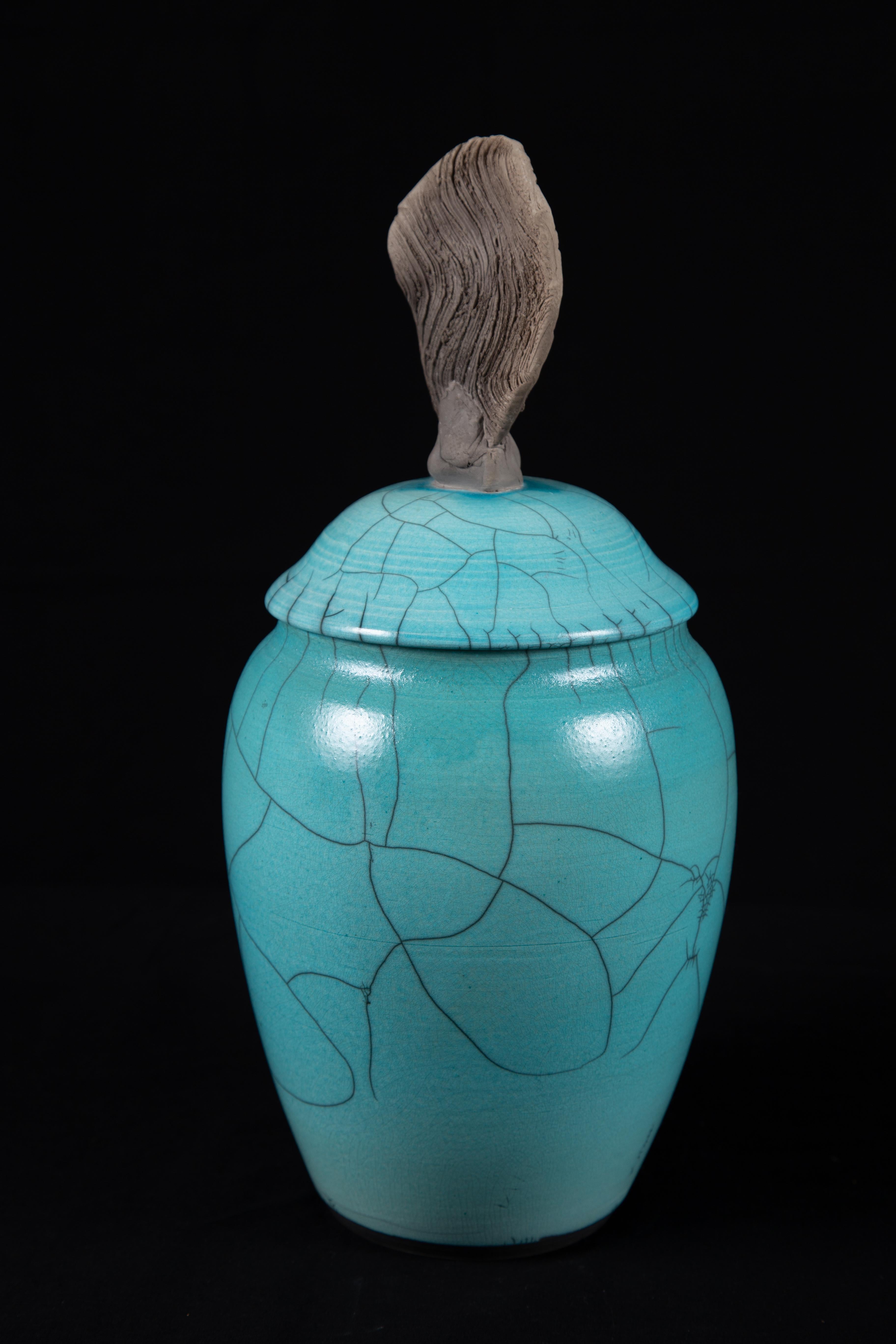 Mark Sherman Still-Life Sculpture - Abalone, Raku Ceramic Turquoise jar with lid, Western Art pottery