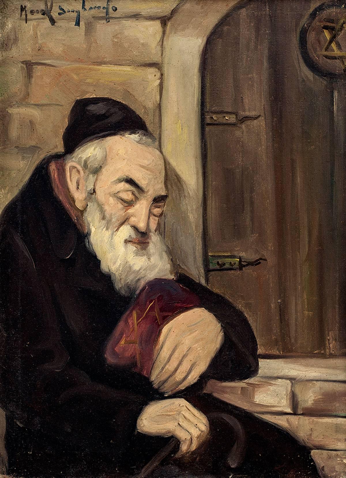 Avant d'entrer dans le Synagogue, peinture  l'huile judaque - Lapin judaque - Post-impressionnisme Painting par Mark Siegband