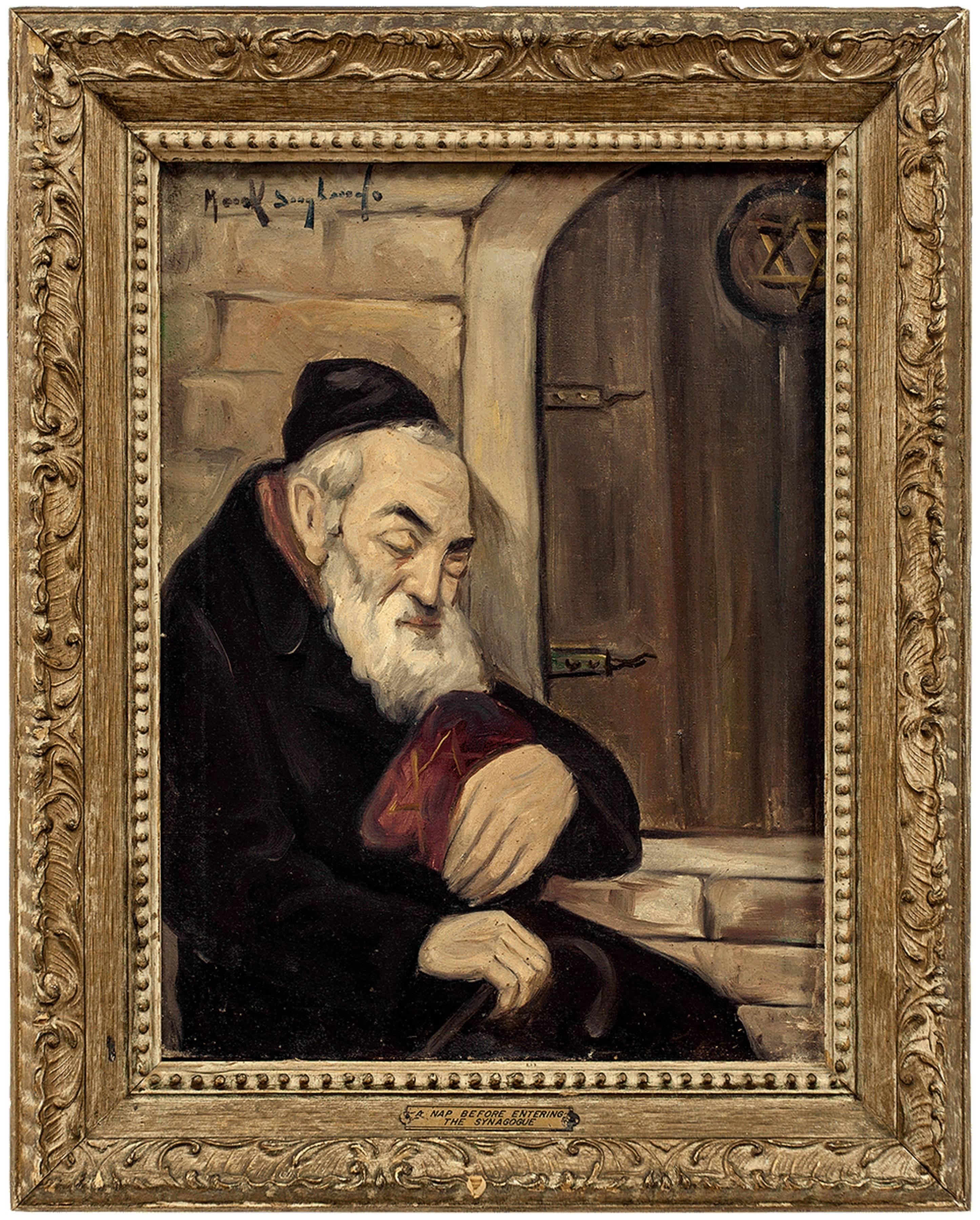 A Nap Before Entering the Synagogue Judaica Oil Painting Jewish Hasidic Rabbi