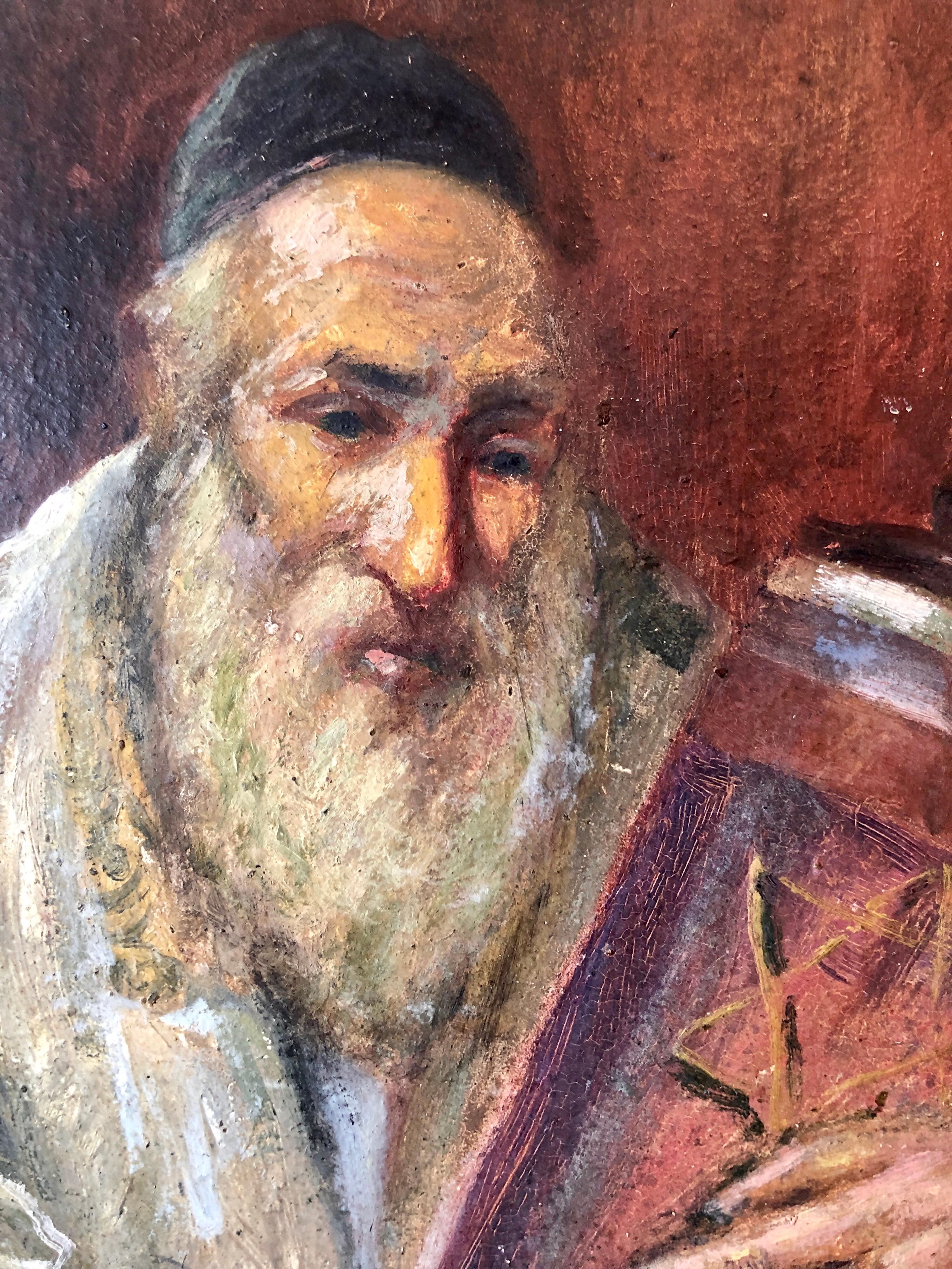 Peinture à l'huile judaïque, lapin juif assise sur un lapin juif assise sur un rouleau de sabre Torah - Painting de Mark Siegband