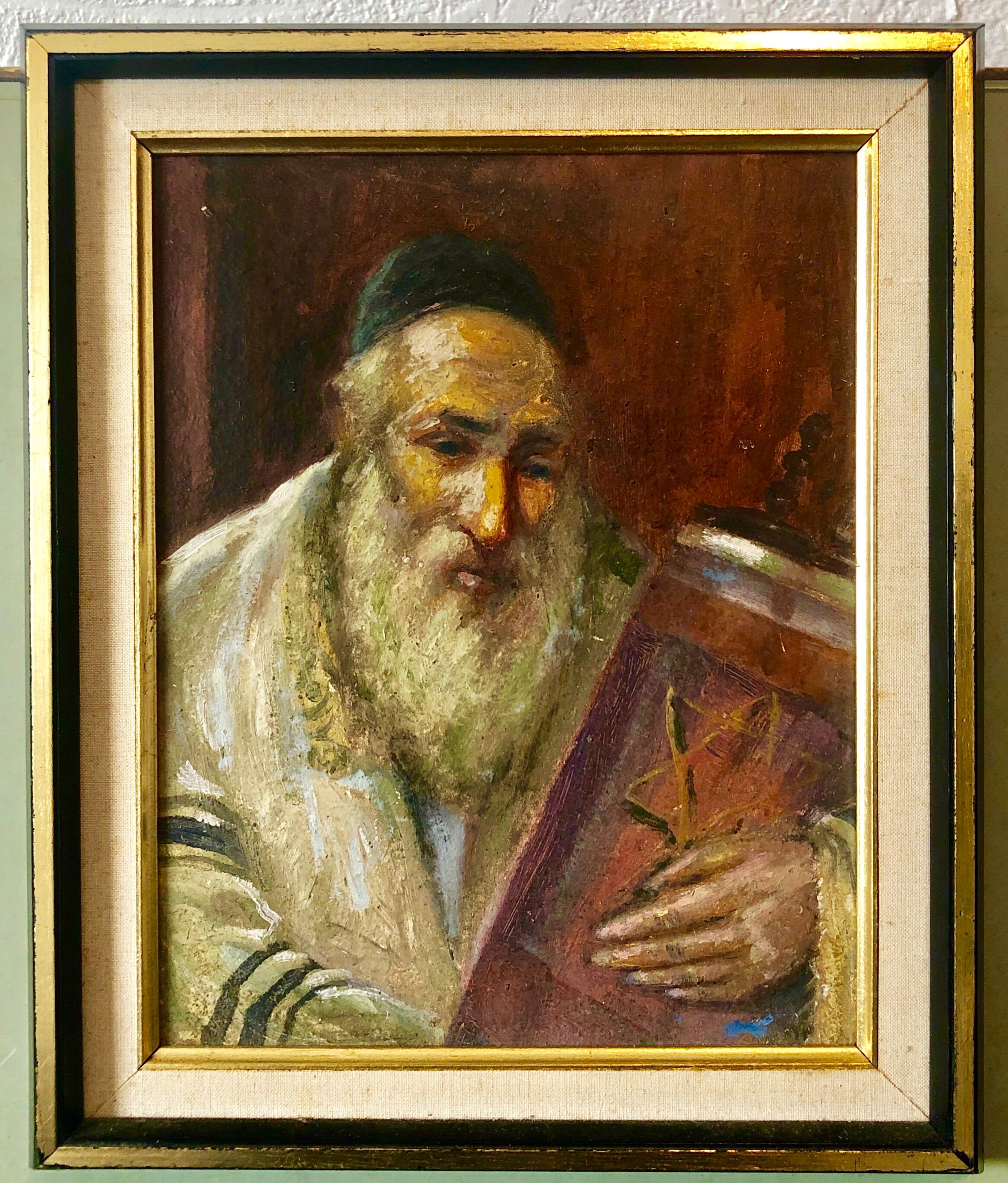 Judaica Oil Painting Chassidic Jewish Rabbi Holding A Sefer Torah Scroll For Sale 2