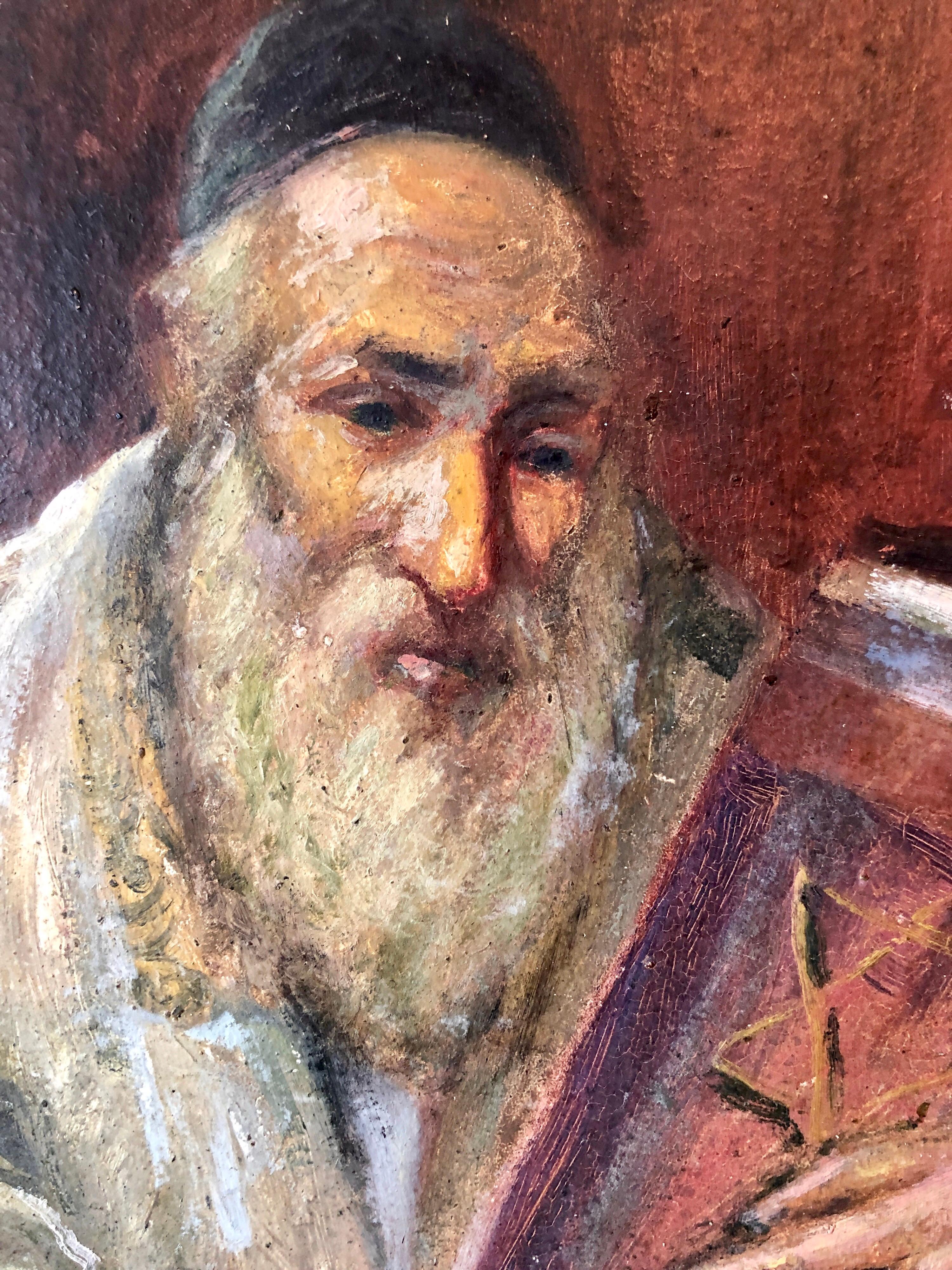 Judaica Oil Painting Chassidic Jewish Rabbi Holding A Sefer Torah Scroll For Sale 3