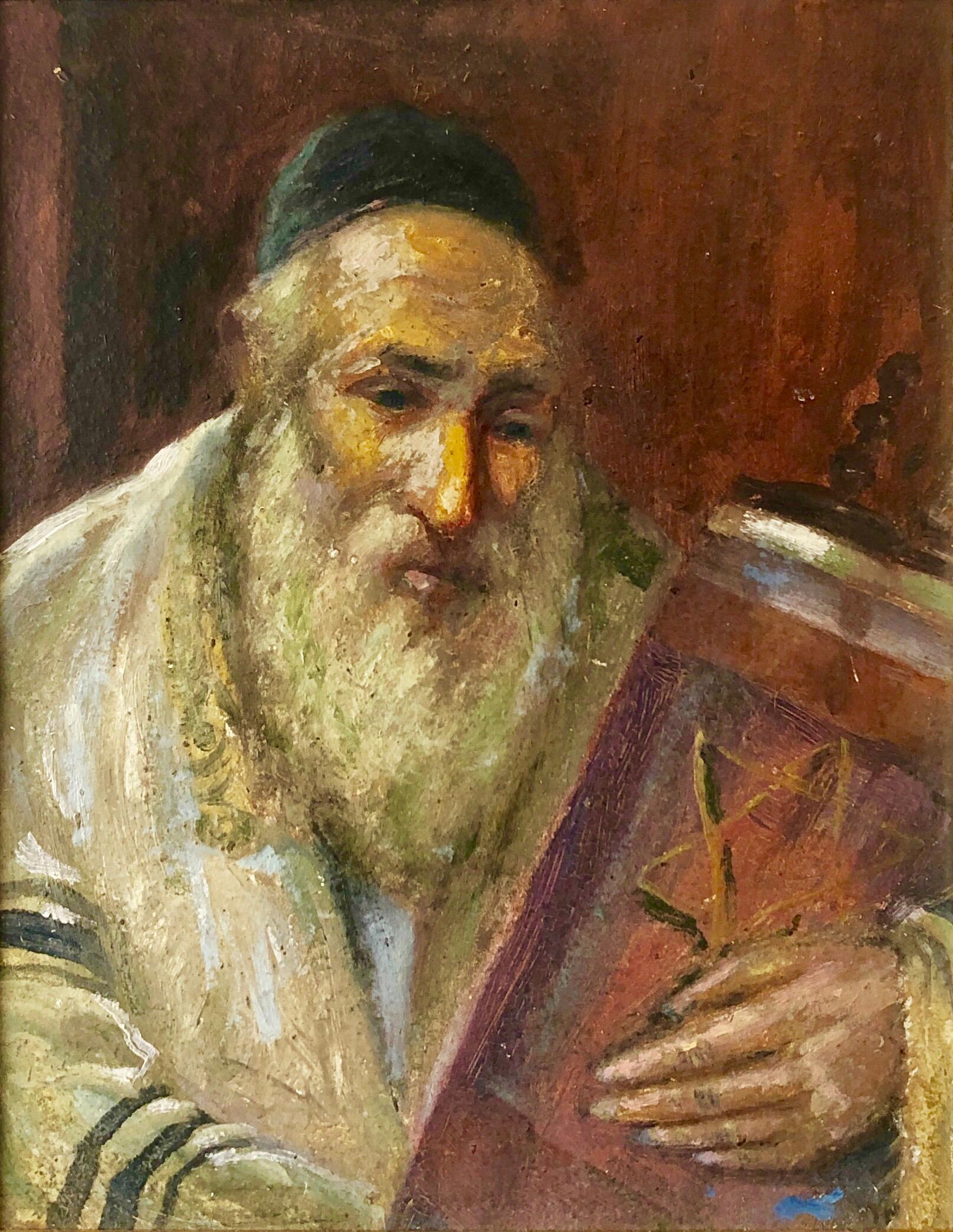 Judaica Oil Painting Chassidic Jewish Rabbi Holding A Sefer Torah Scroll For Sale 4