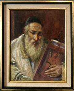 Used Judaica Oil Painting Chassidic Jewish Rabbi Holding A Sefer Torah Scroll