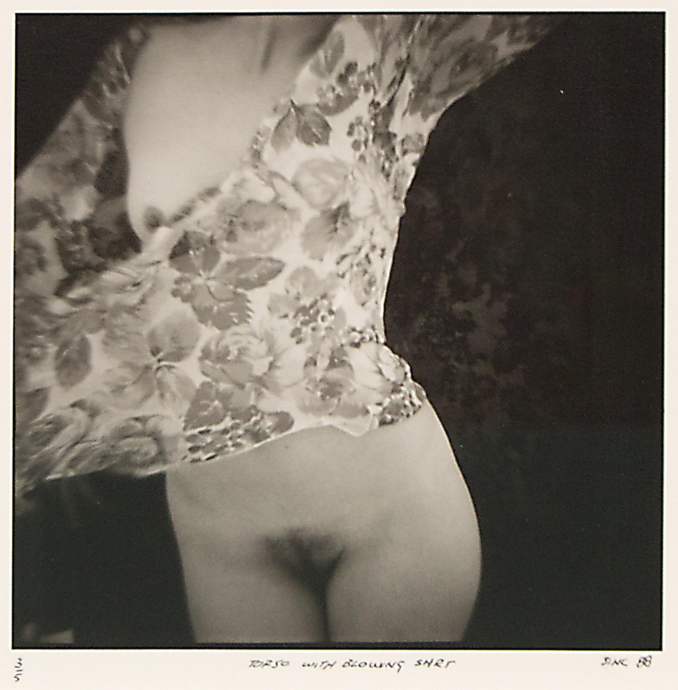 1980s Pencil-Signed Black and White Nude Photograph of Torso with Blowing Shirt For Sale 1