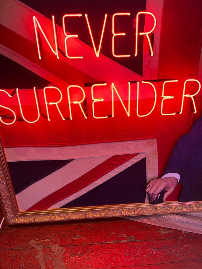Never Surrender , World War Flag Neon Original - Mixed Media Art by Mark Sloper