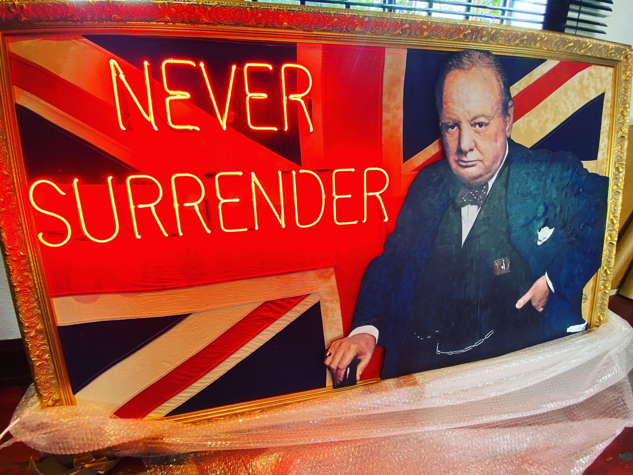 Never Surrender , World War Flag Neon Original - Mixed Media Art by Mark Sloper