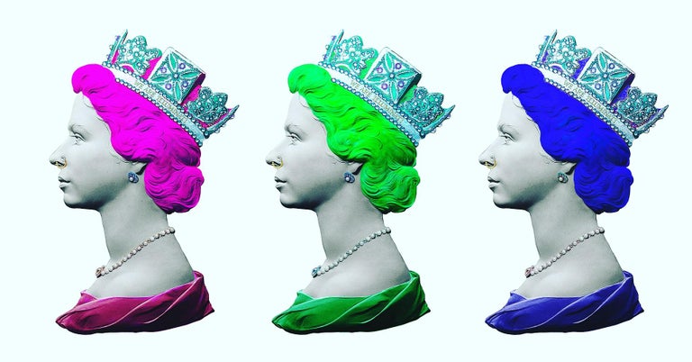Queen Triptych handprinted queen pink, green and blue signed crown jewels signed - Art by Mark Sloper