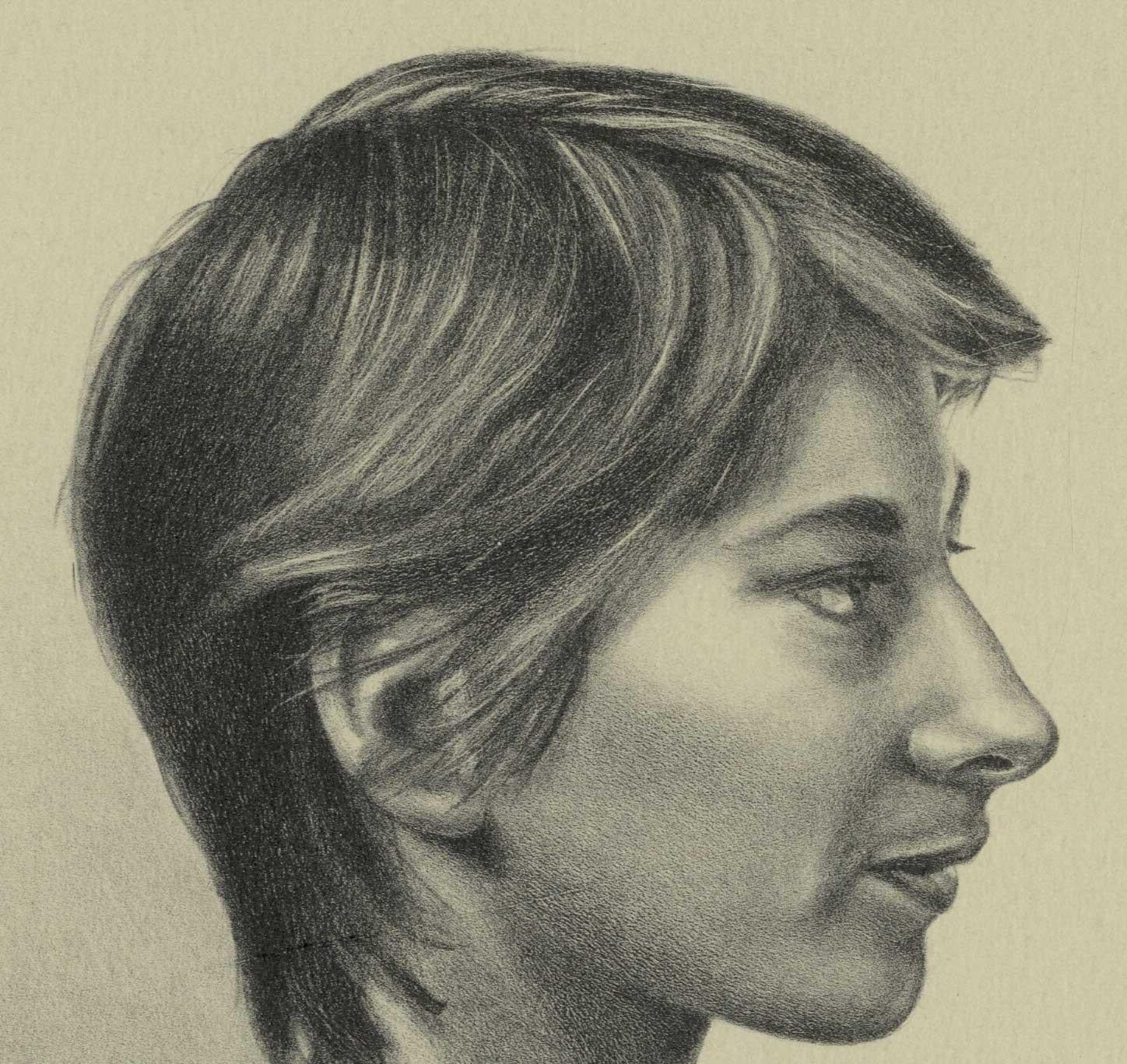 Melinda (color litho profile of woman in striped shirt, short hair on chair) - Print by Mark Stock