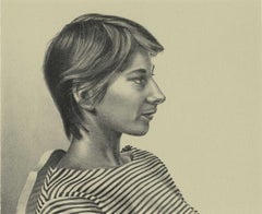 Vintage Melinda (color litho profile of woman in striped shirt, short hair on chair)