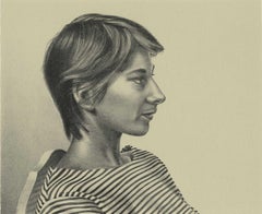 Melinda ( profil litho couleur de femme en chemise rayée:: cheveux courts sur chaise)