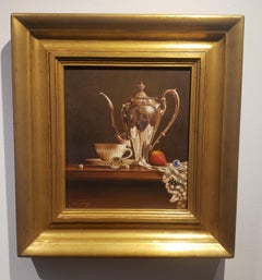 China-Tasse mit Eierschale und Spieß, Tempera- Realismus  Erdbeer-Marmor gerahmt 10.5X9.75"