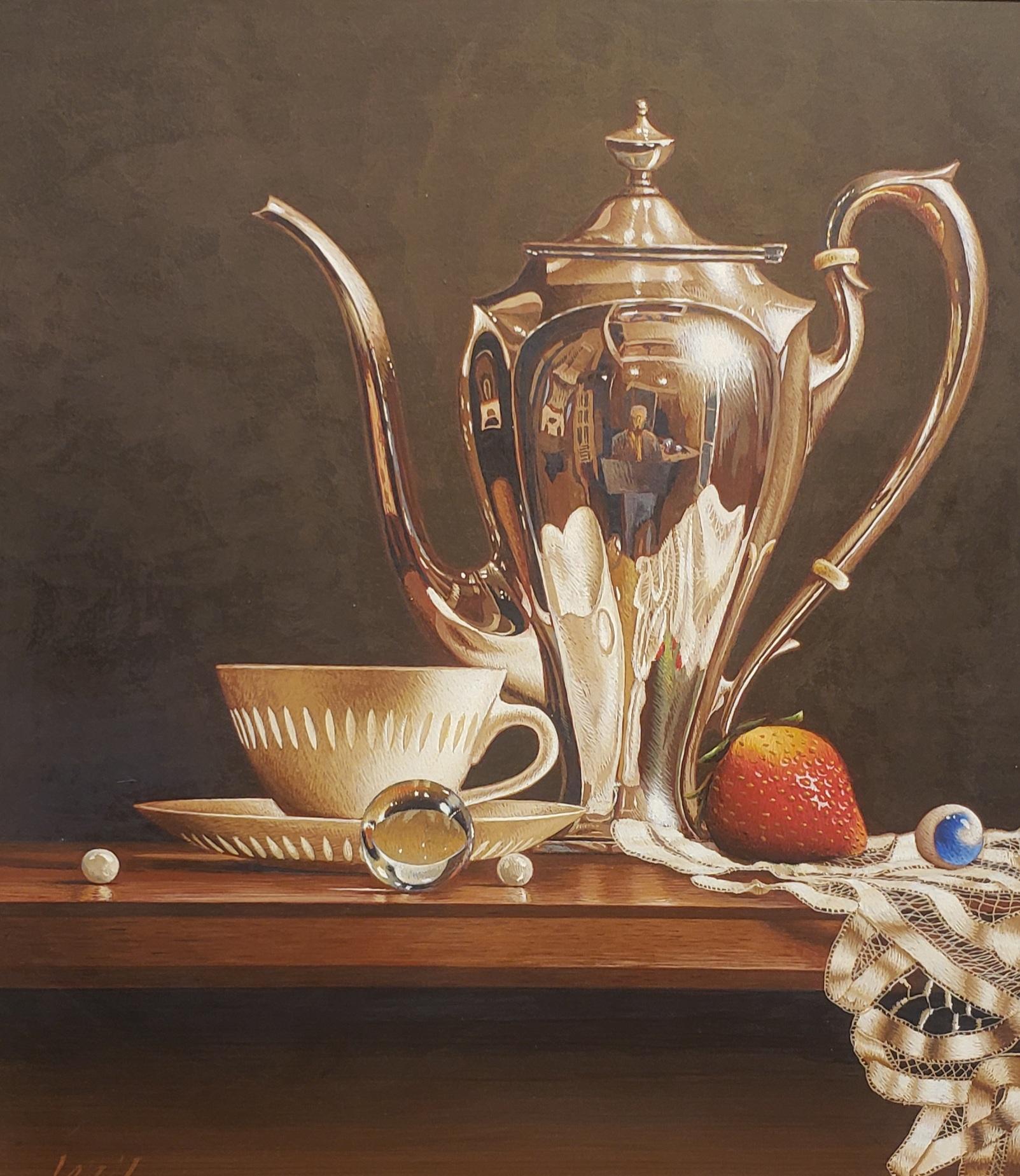 Taza de porcelana con jarra Huevo Témpera Realismo  Fresas Canicas Enmarcadas 10.5X9.75 - Painting Realista de Mark Thompson