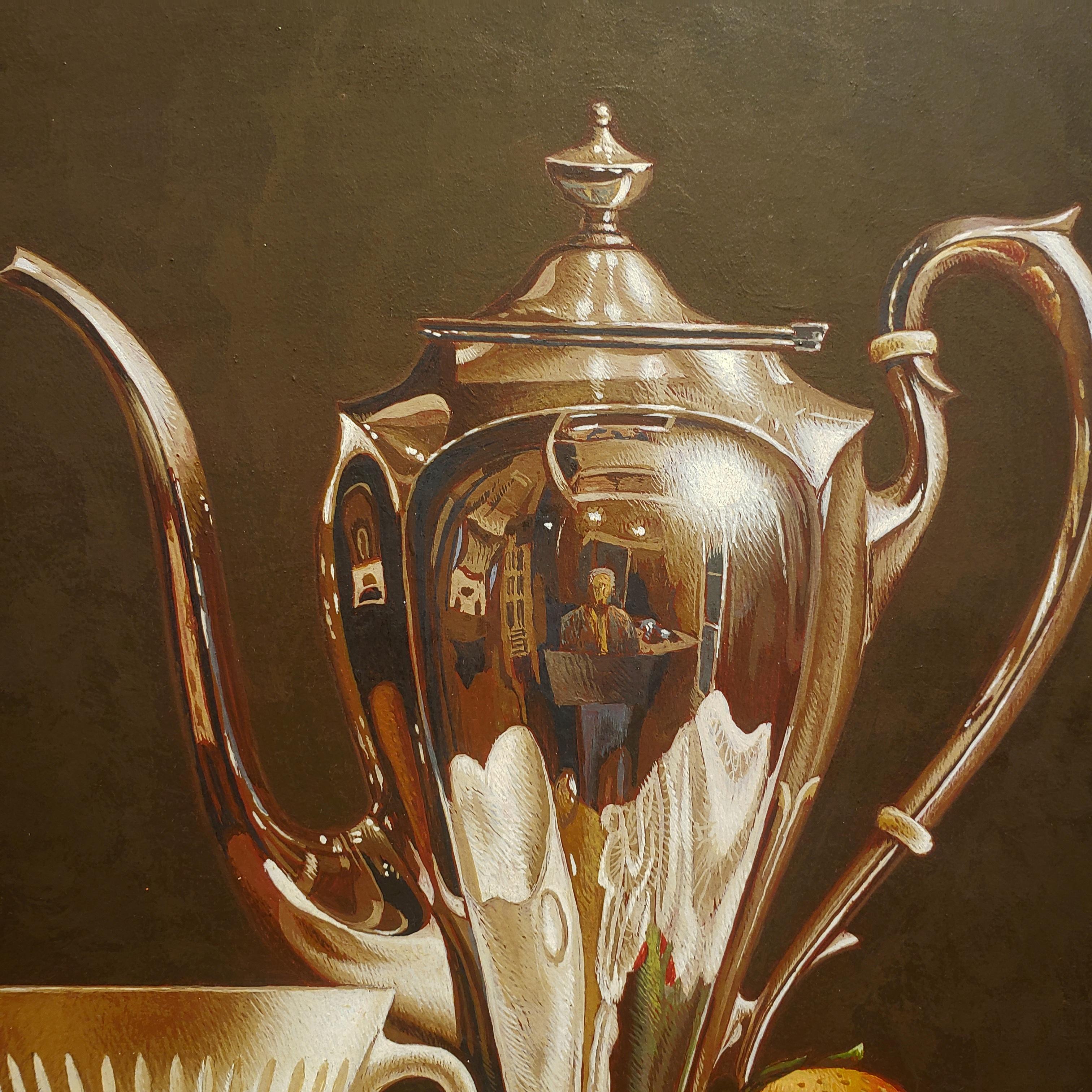 Taza de porcelana con jarra Huevo Témpera Realismo  Fresas Canicas Enmarcadas 10.5X9.75 - Still-Life Painting Marrón de Mark Thompson