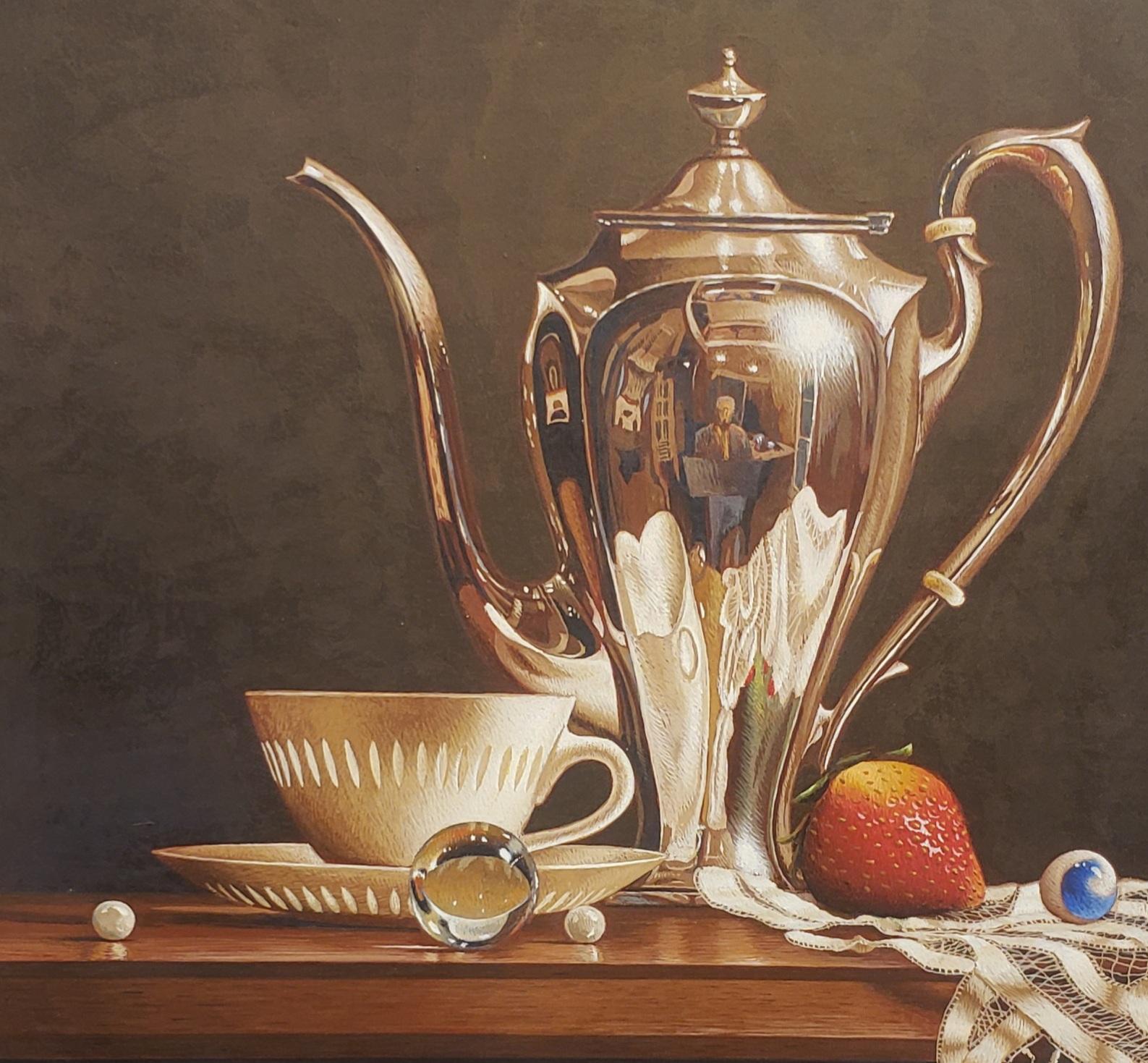   Coffee Cup w/Pearl, Egg Tempera,  Realism,  3D Appearance, American Artist - Brown Still-Life Painting by Mark Thompson