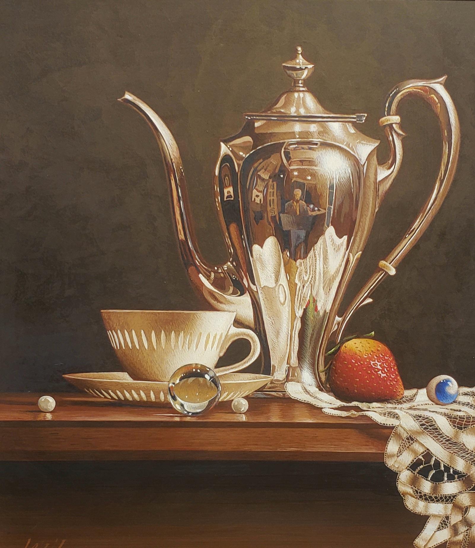   Kaffeetasse mit Perle, Ei-Tempera,  Realismus,  3D-Applikation, amerikanische Künstlerin