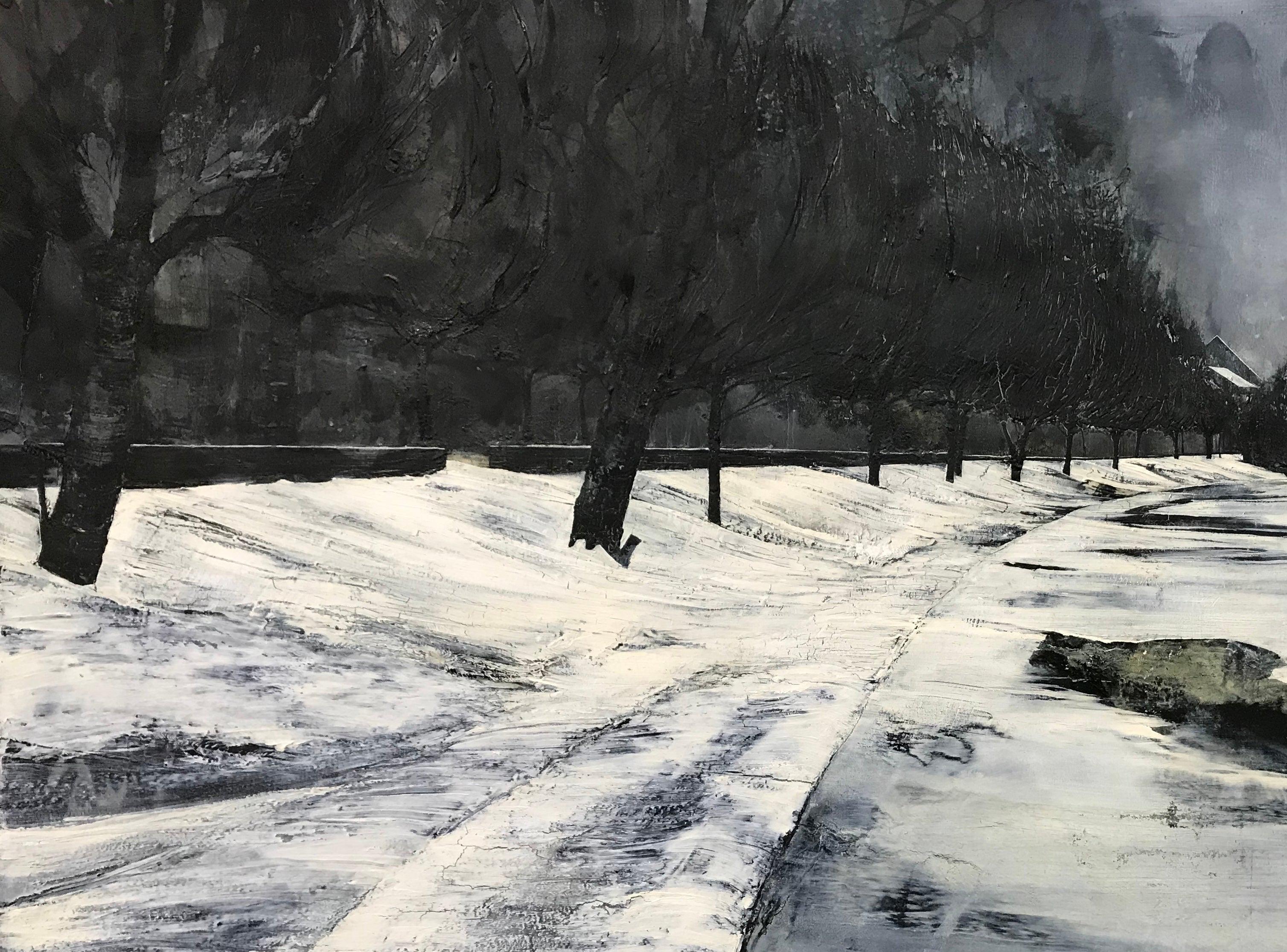 Contemporary Atmospheric Black & White Monochrome Landscape Wilderness Painting (peinture d'ambiance en noir et blanc) - Gris Landscape Painting par Mark Thompson