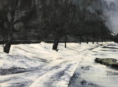 Pittura contemporanea d'atmosfera in bianco e nero, paesaggio monocromatico e selvaggio