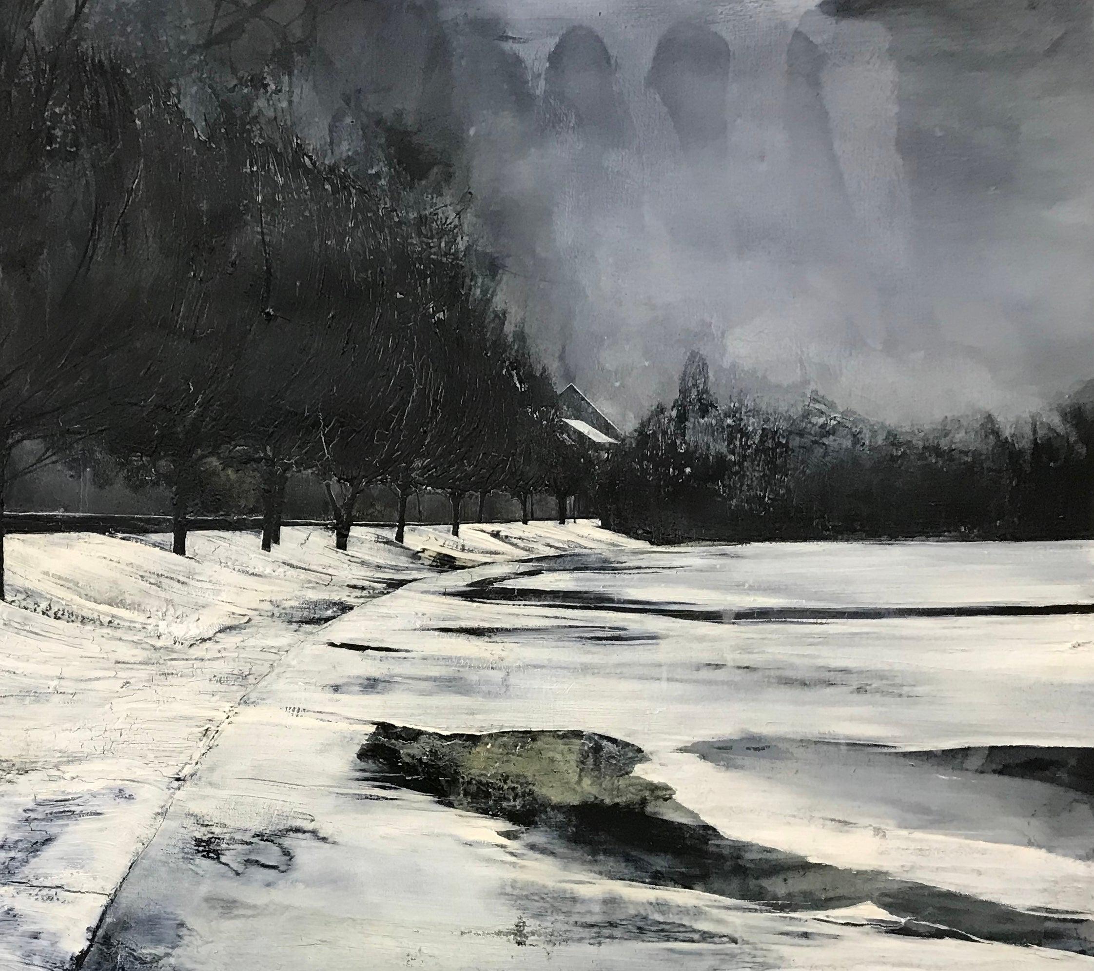 Contemporary Atmospheric Black & White Monochrome Landscape Wilderness Painting (peinture d'ambiance en noir et blanc) en vente 1
