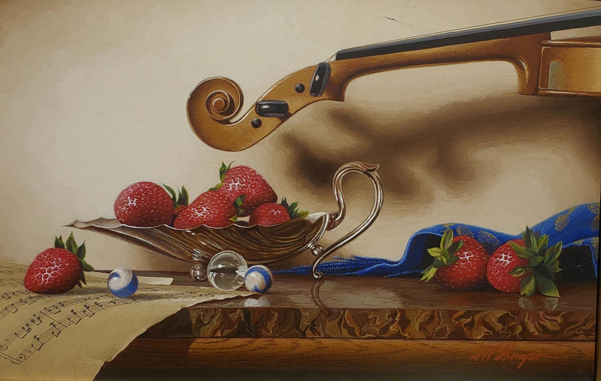 Musica e fragole  Realismo a tempera d'uovo   Riflesso incorniciato 7
