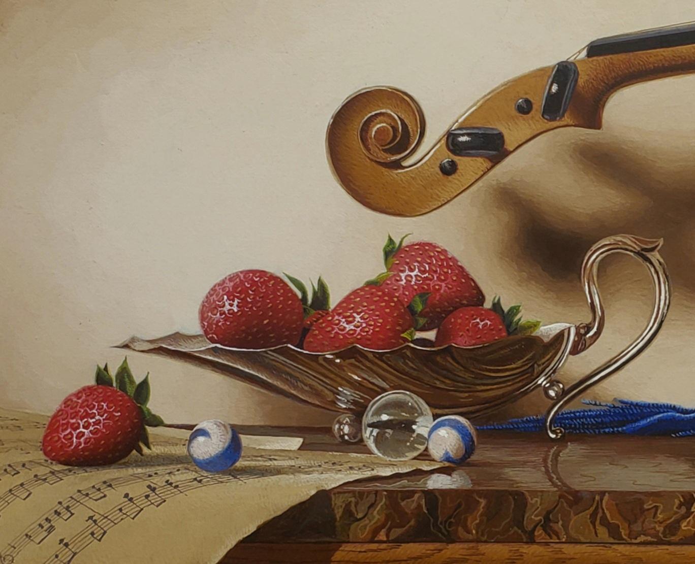 Musica e fragole  Realismo a tempera d'uovo  Artista americano  Riflesso incorniciato  del pittore realista Mark Thompson è  7 x 11 pollici. Nota i riflessi delle biglie e degli altri oggetti nella tempera all'uovo Questo quadro dell'artista
