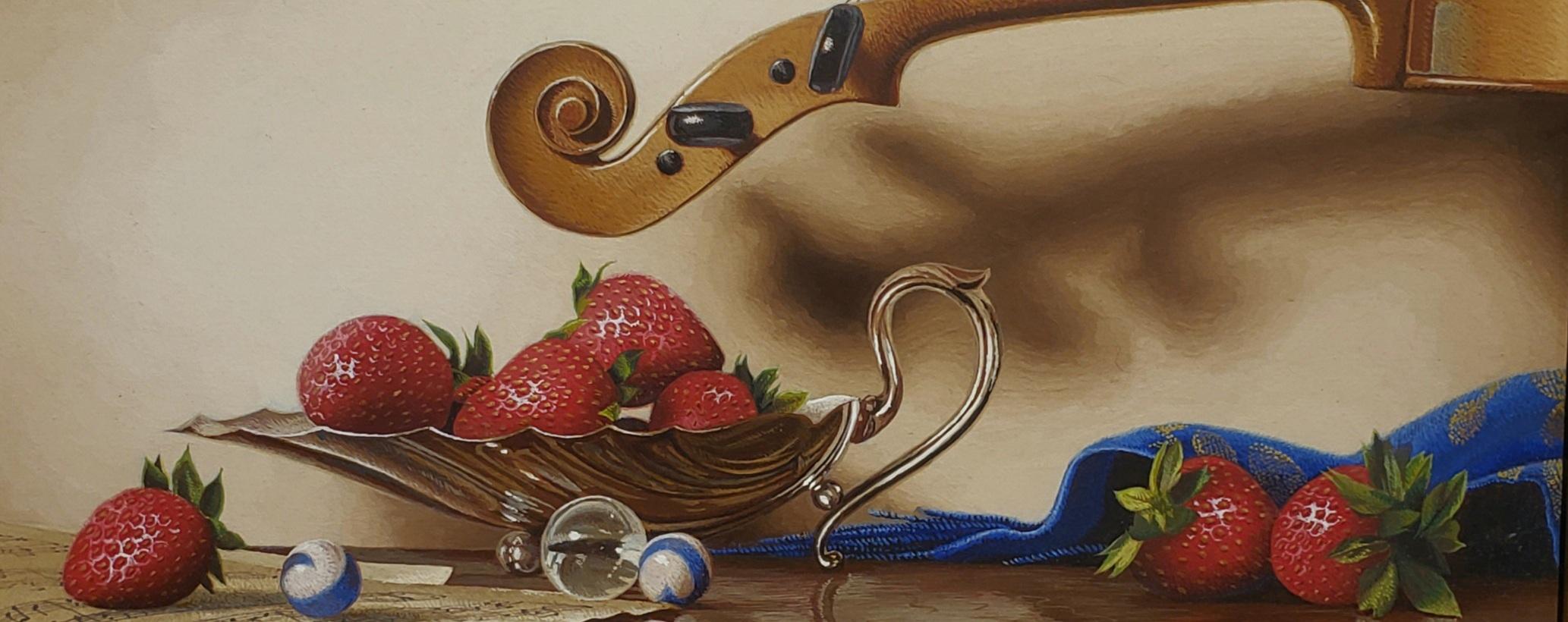 Musica e fragole  Realismo a tempera d'uovo   Riflesso incorniciato 7