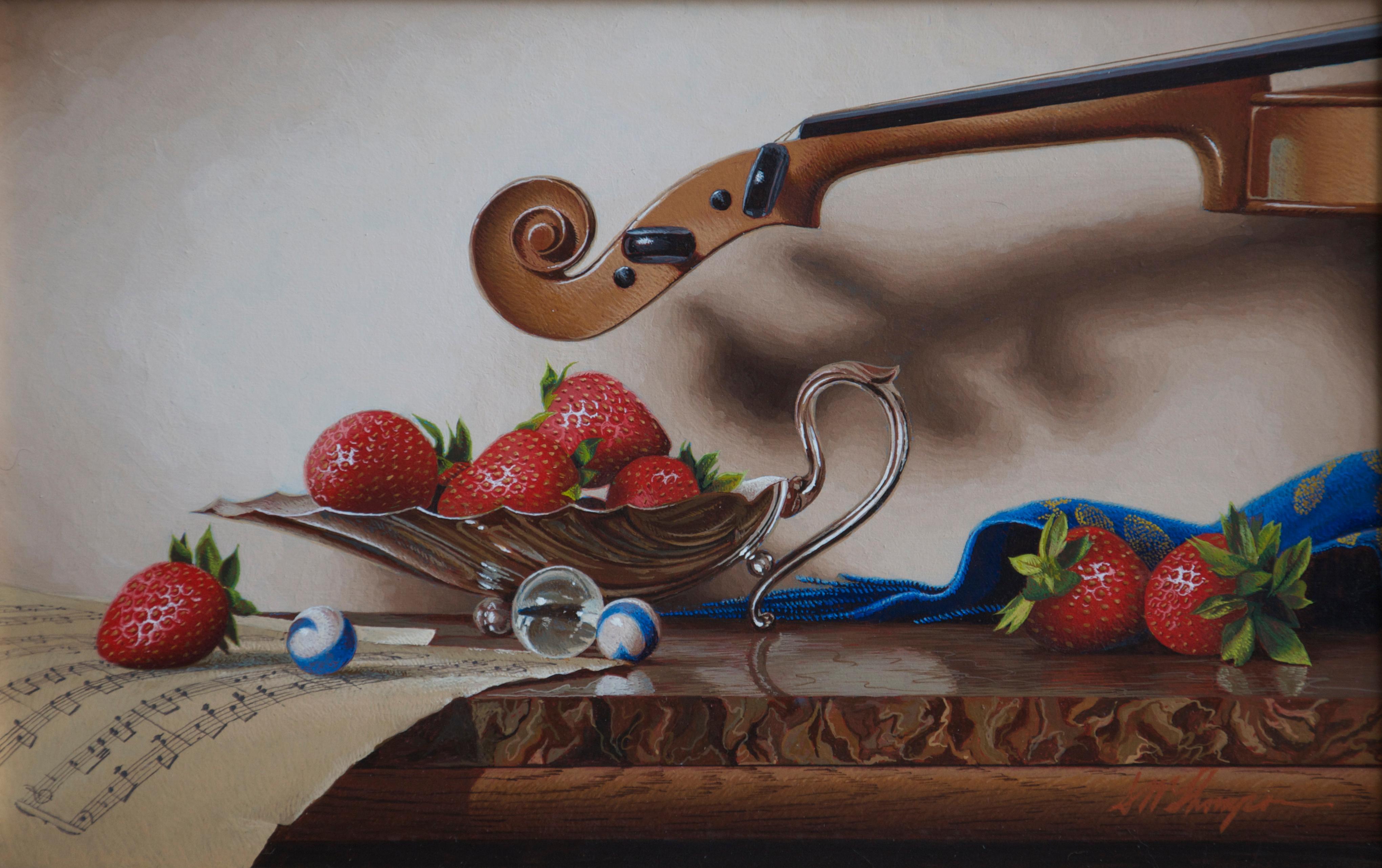 Musica e fragole  Realismo a tempera d'uovo   Riflesso incorniciato 7