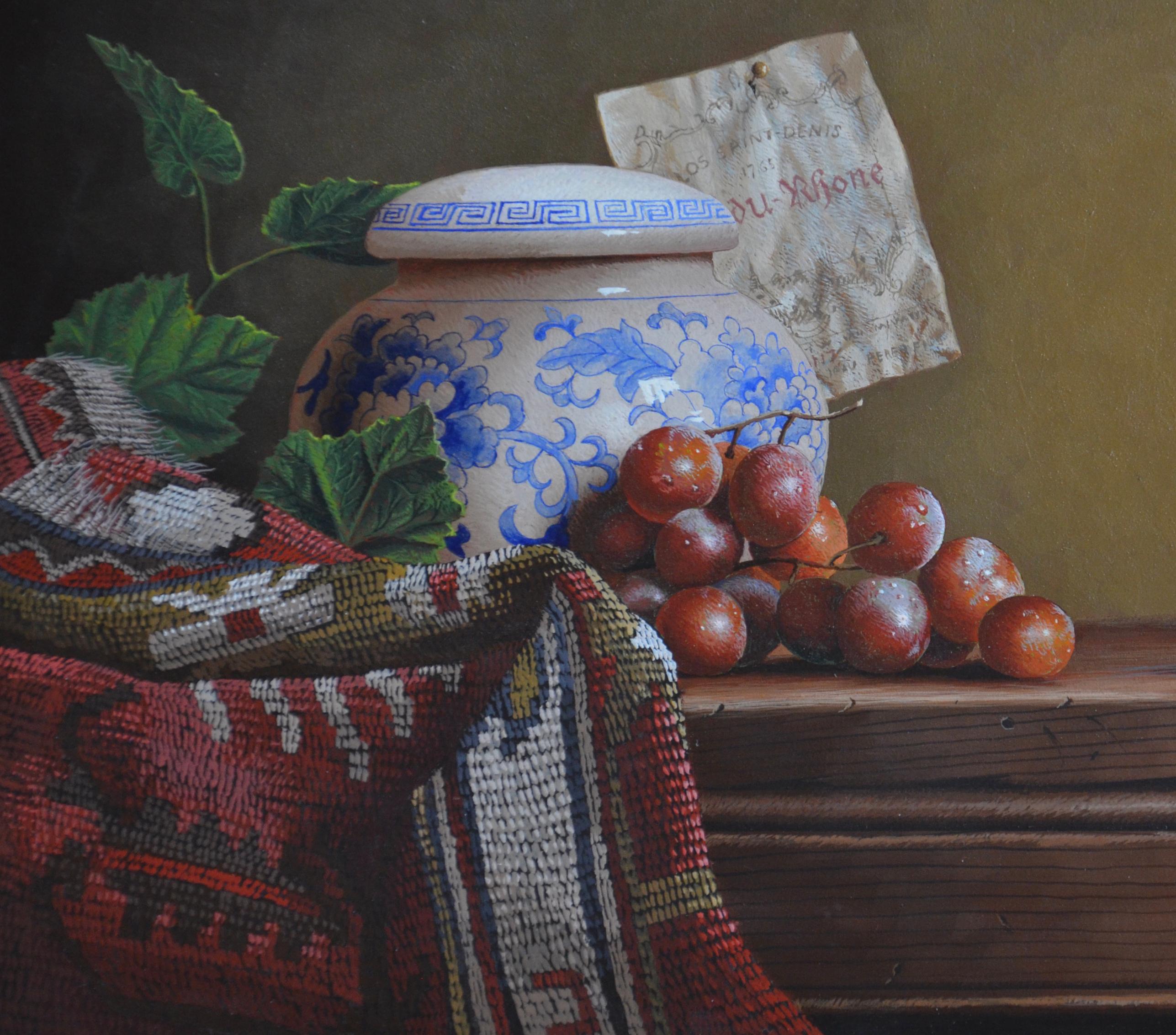 Persimmon w/ Blue Marble  Egg Tempera  Realism  American Artist Light & Shadow - Painting by Mark Thompson