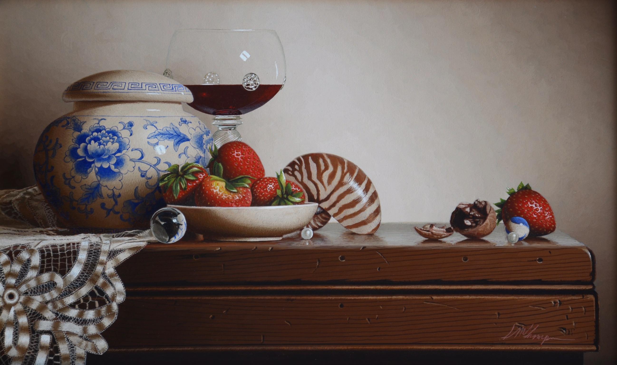 Still Life with Wine and Nautilus Egg Tempera  Realism   Light & Shadow  - Painting by Mark Thompson