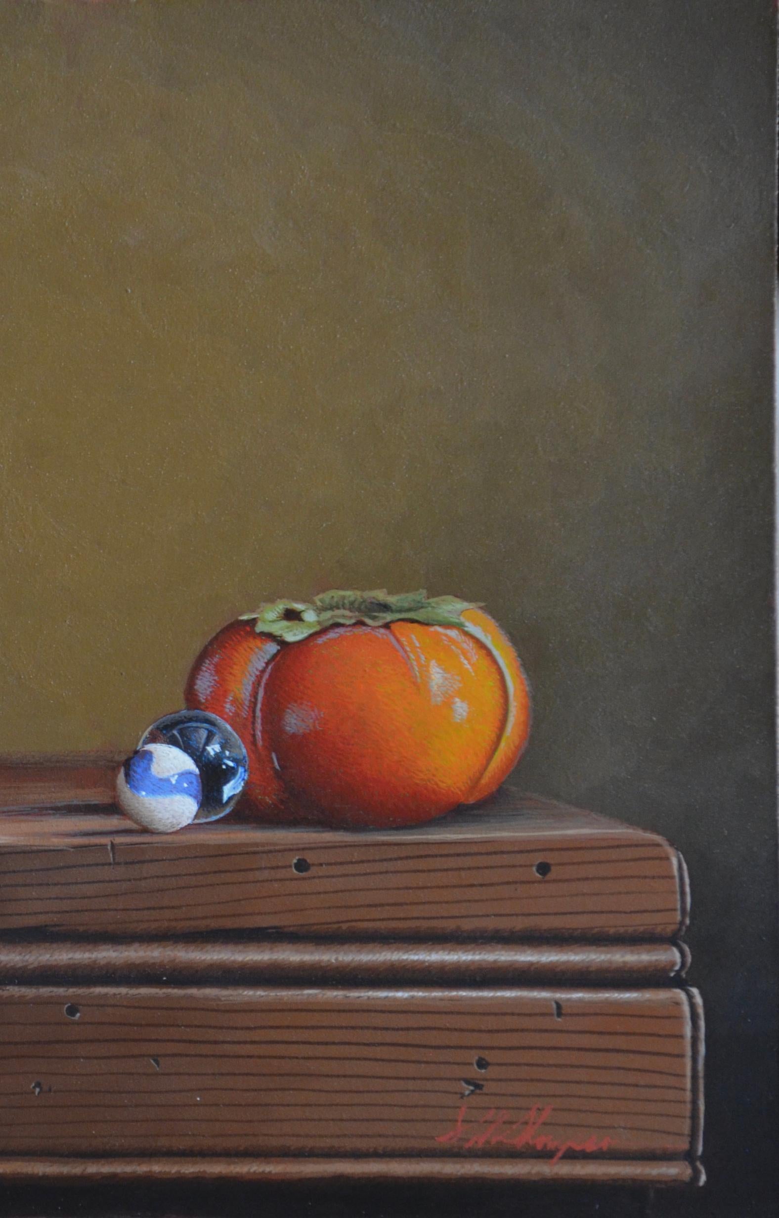 Persimmon w/ Blue Marble  Egg Tempera  Realism  American Artist Light & Shadow - Realist Painting by Mark Thompson