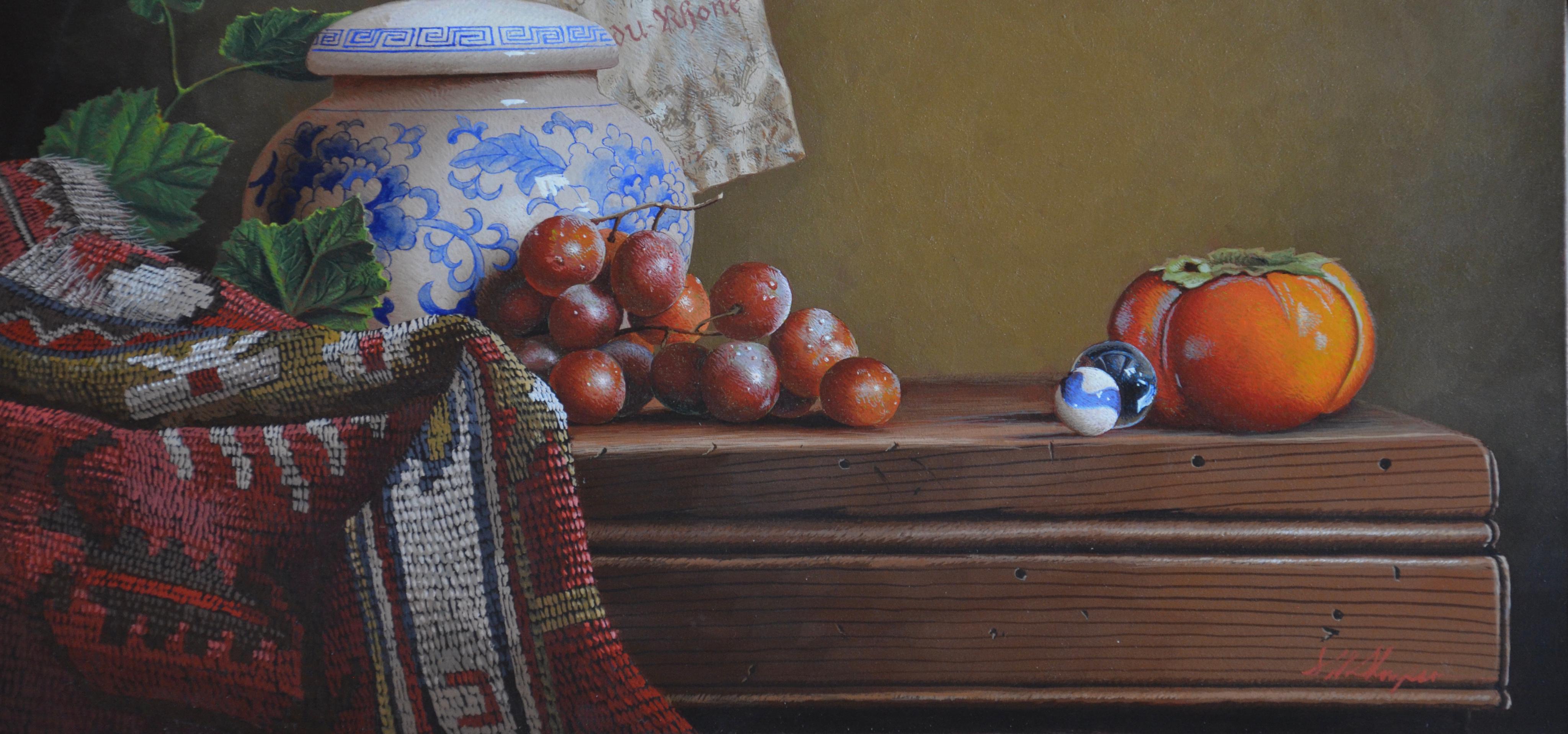  Persimmon with Blue Marble is painted with  egg tempera  by realist painter Mark Thompson inches.  Persimmon with Blue Marble Egg tempera is 8.5 x 14 inches and comes with a custom gilded frame. Egg tempera goes back centuries in the art world.
