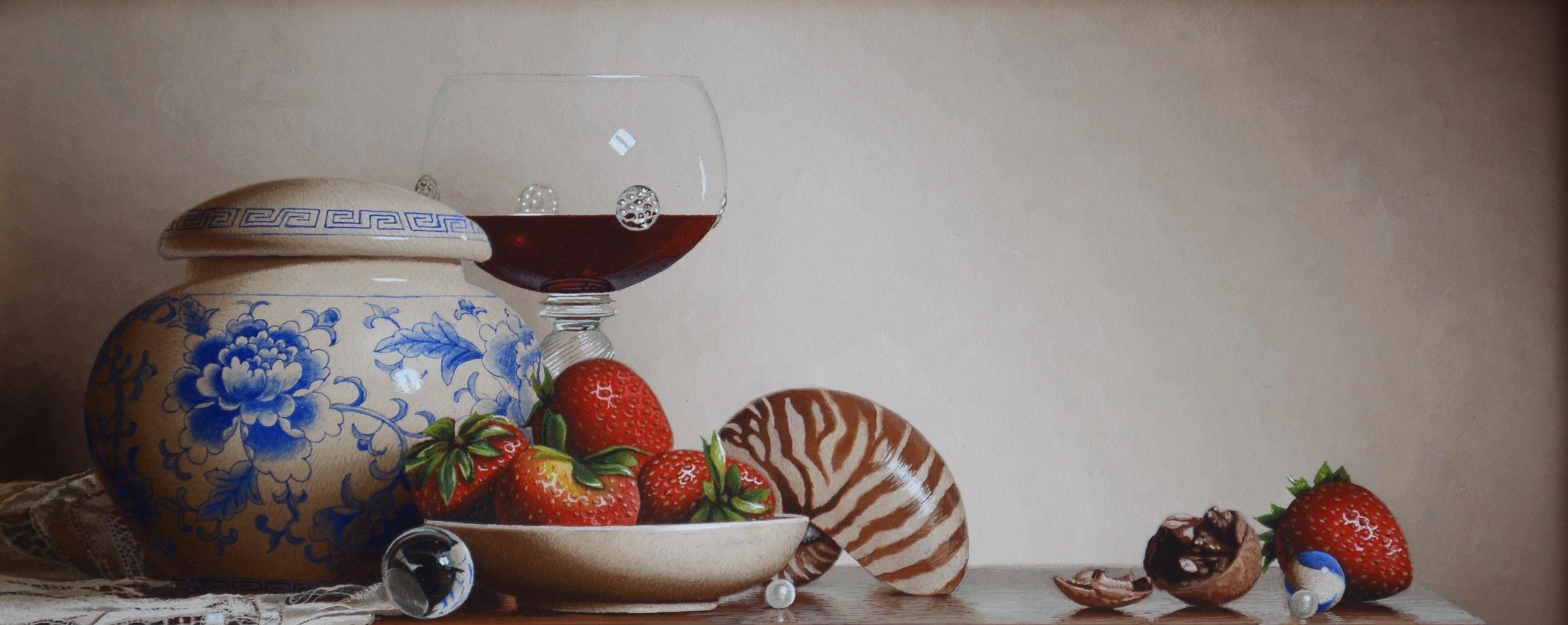 Still Life with Wine and Nautilus Egg Tempera  Realism   Light & Shadow  For Sale 1