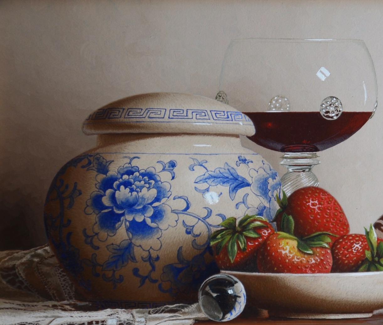 Still Life with Wine and Nautilus Egg Tempera  Realism   Light & Shadow  For Sale 3