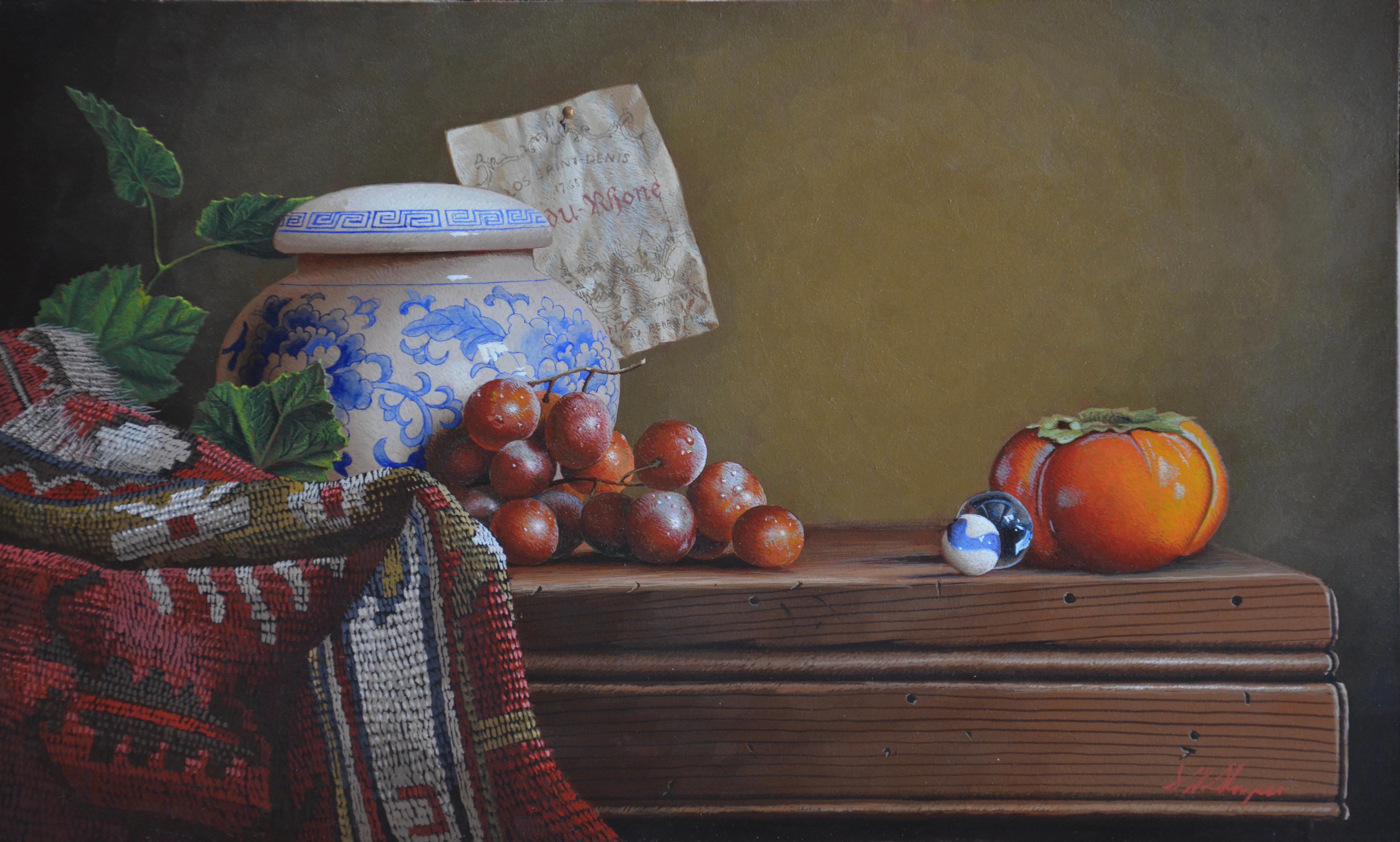 Mark Thompson Still-Life Painting - Persimmon w/ Blue Marble  Egg Tempera  Realism  American Artist Light & Shadow