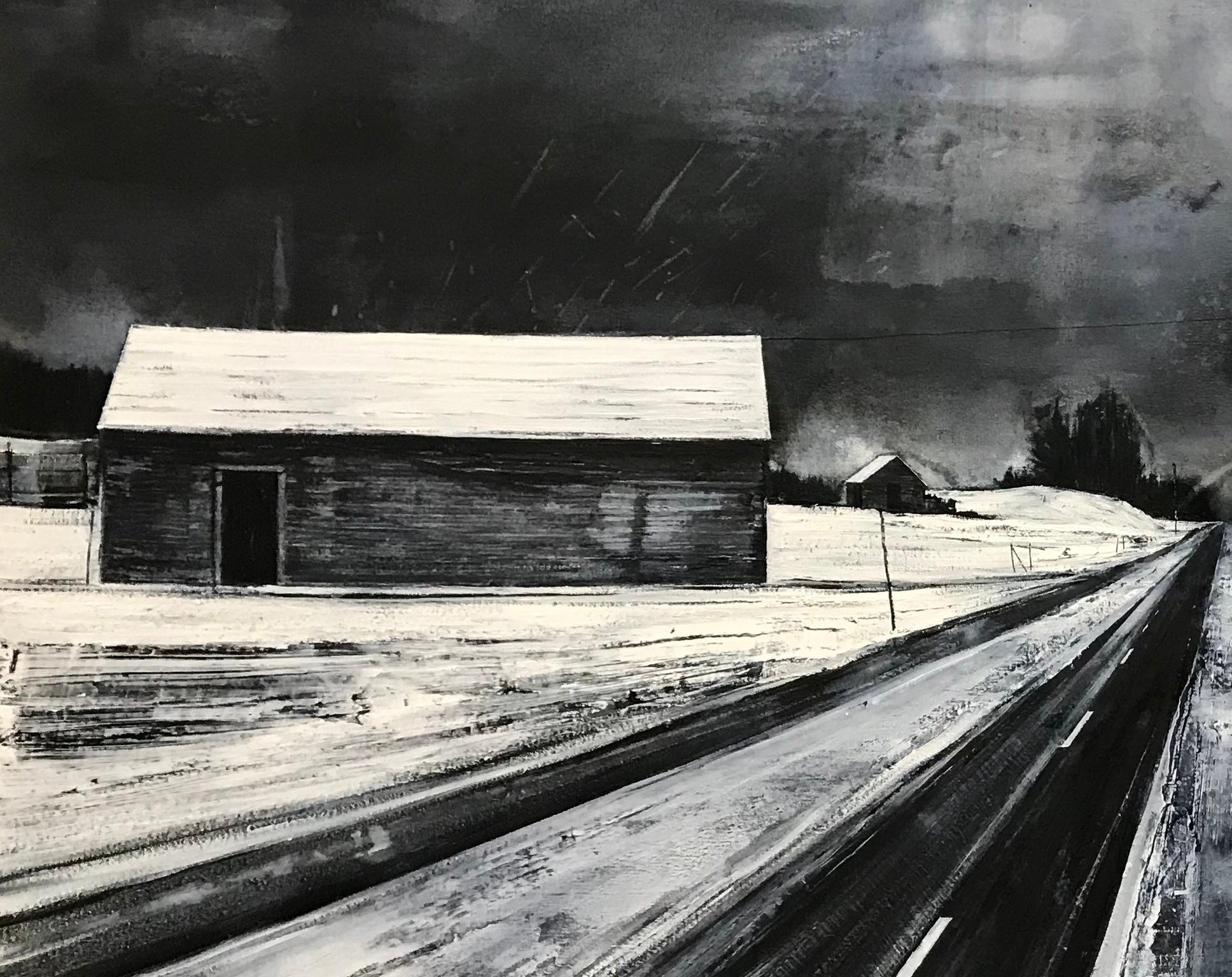 Atmosphärische Schwarz-Weiß-Landschaftsmalerei eines zeitgenössischen britischen Künstlers – Painting von Mark Thompson