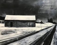 Paesaggio atmosferico in bianco e nero dipinto da un artista britannico contemporaneo