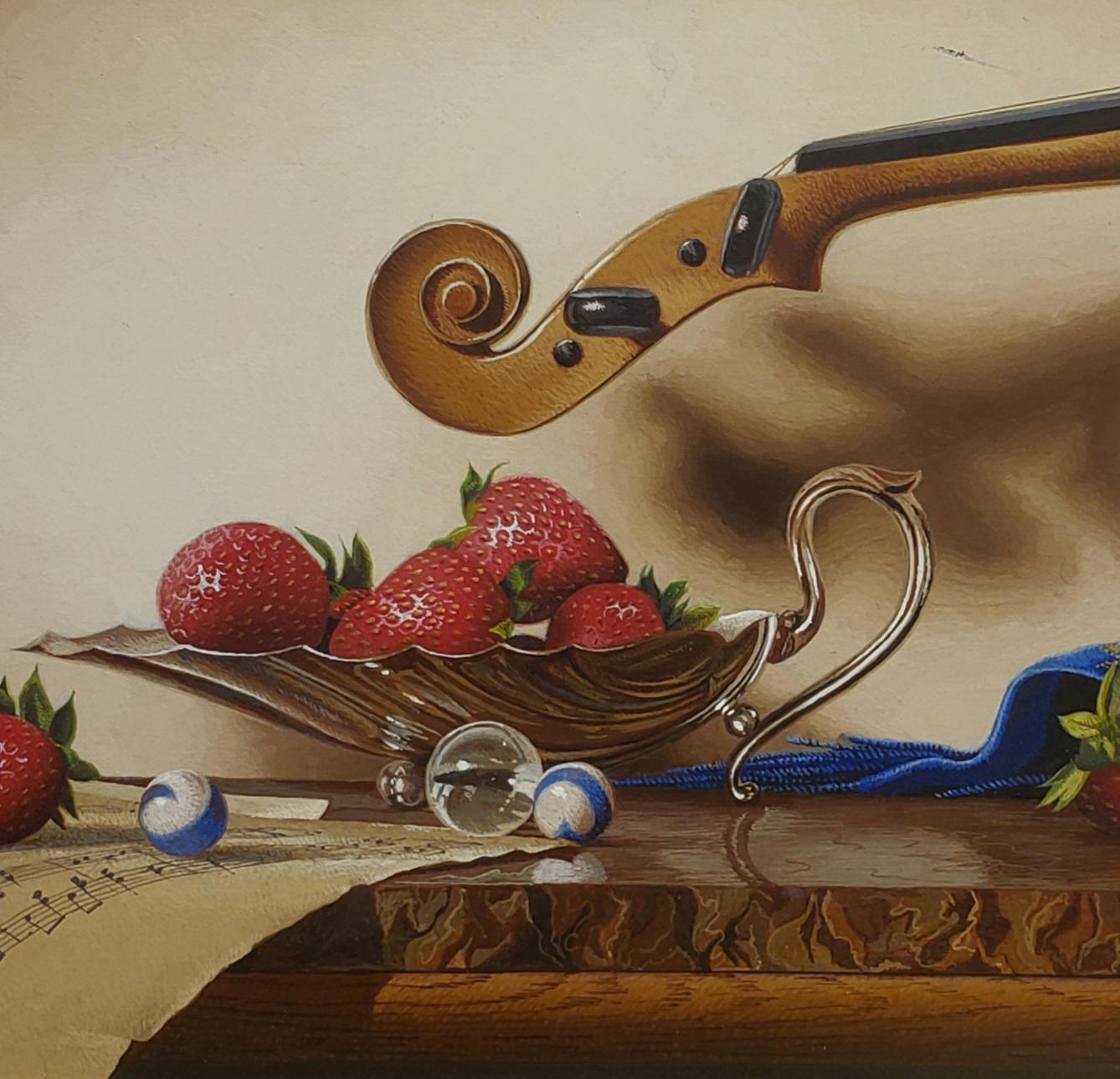  Silberne Kompottschale mit Violin, Egg Tempera,  Realistischer Realismus  3D-Erscheinung, amerikanischer Künstler im Angebot 1