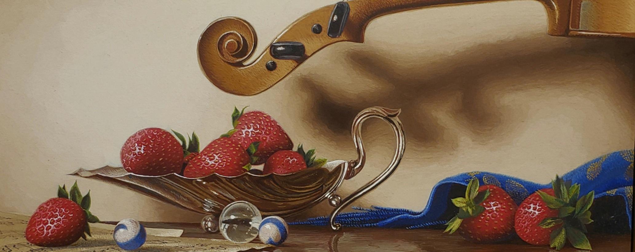  Silver Compote w/Violin, Egg Tempera,  Realism,  3D Appearance, American Artist - Realist Painting by Mark Thompson