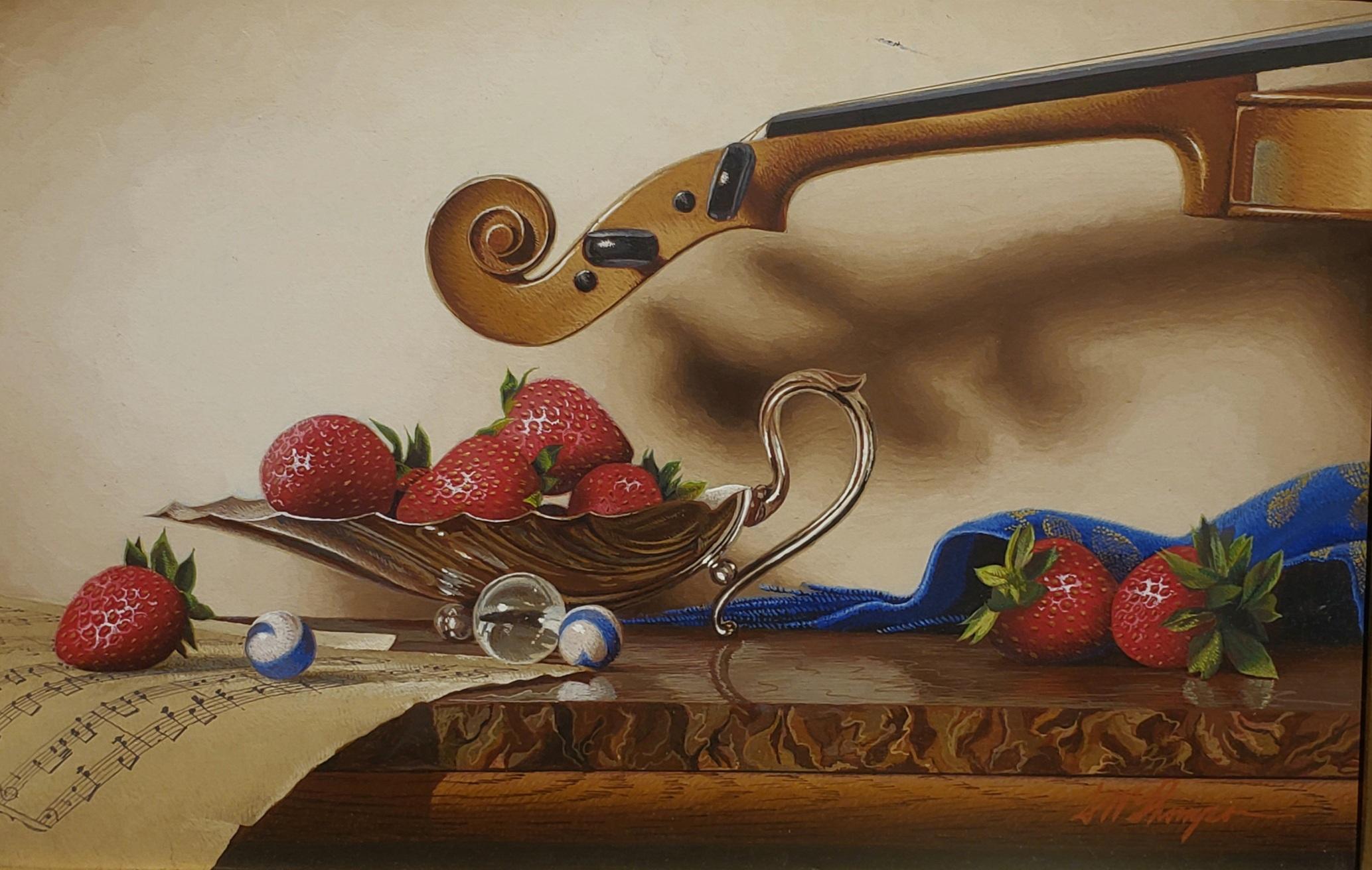 Mark Thompson Still-Life Painting –  Silberne Kompottschale mit Violin, Egg Tempera,  Realistischer Realismus  3D-Erscheinung, amerikanischer Künstler