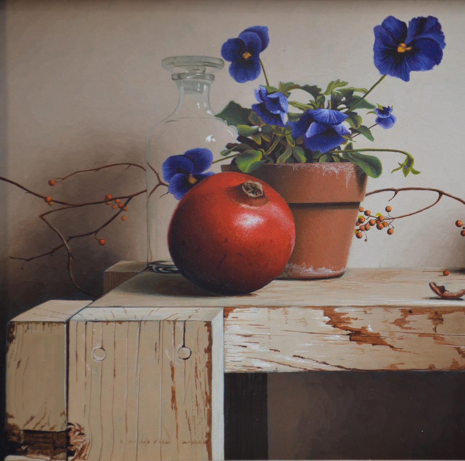 Still Life with Pansies and Pomegranate Egg Tempera  Realism  American Artist - Painting by Mark Thompson