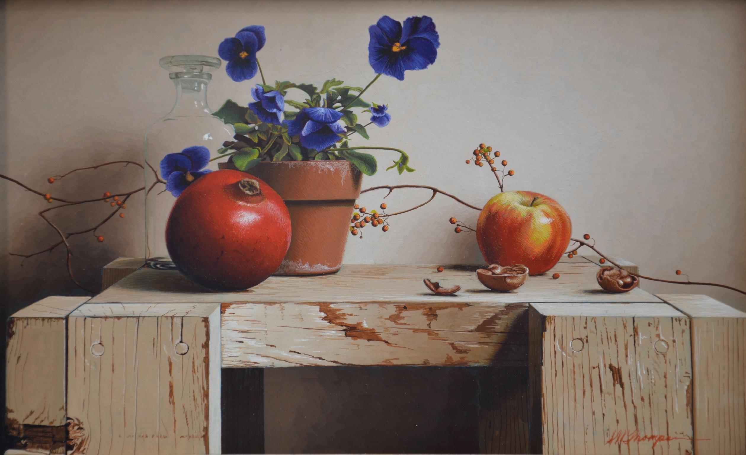 Still Life with Pansies and Pomegranate Egg Tempera  Realism  American Artist - Realist Painting by Mark Thompson