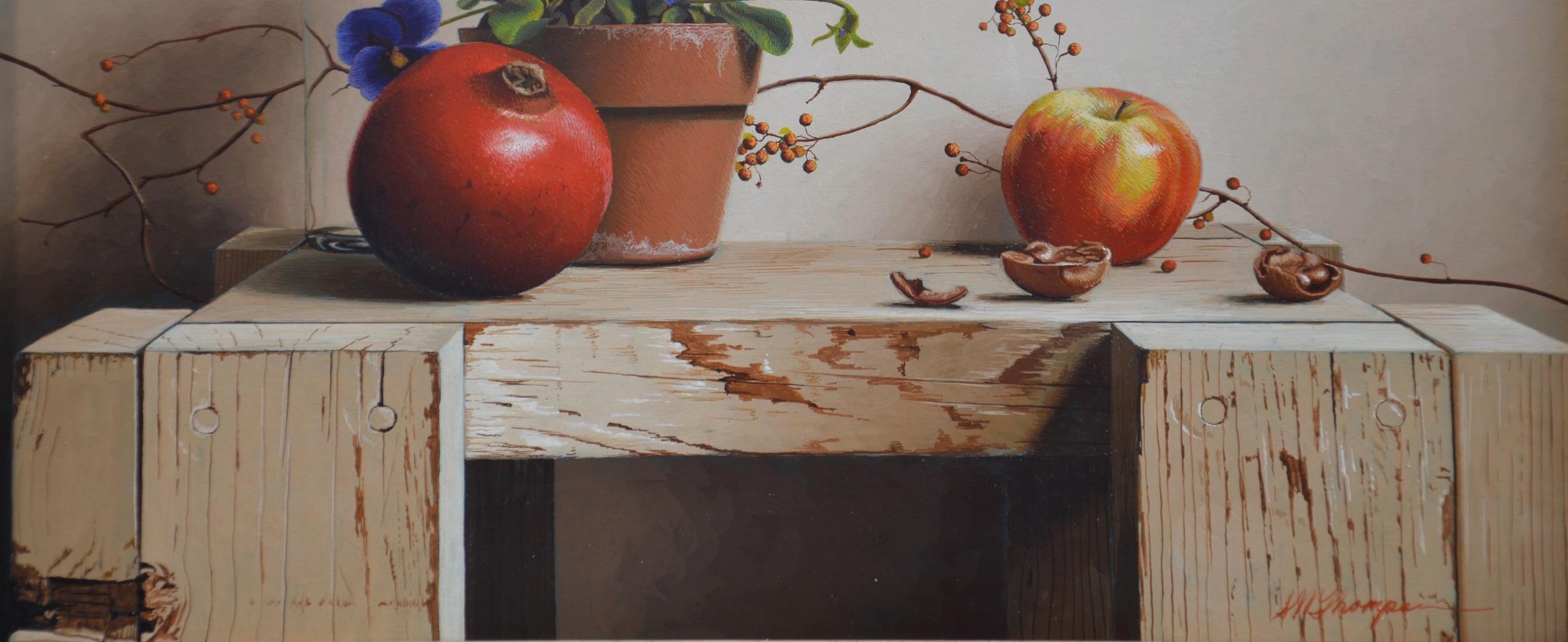 Stillleben mit Schalen und Granatapfel-Eier Tempera  Realismus  amerikanischer Künstler im Angebot 1