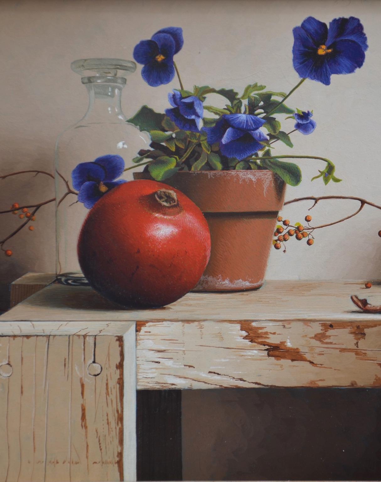 Still Life with Pansies and Pomegranate Egg Tempera  Realism  American Artist For Sale 1