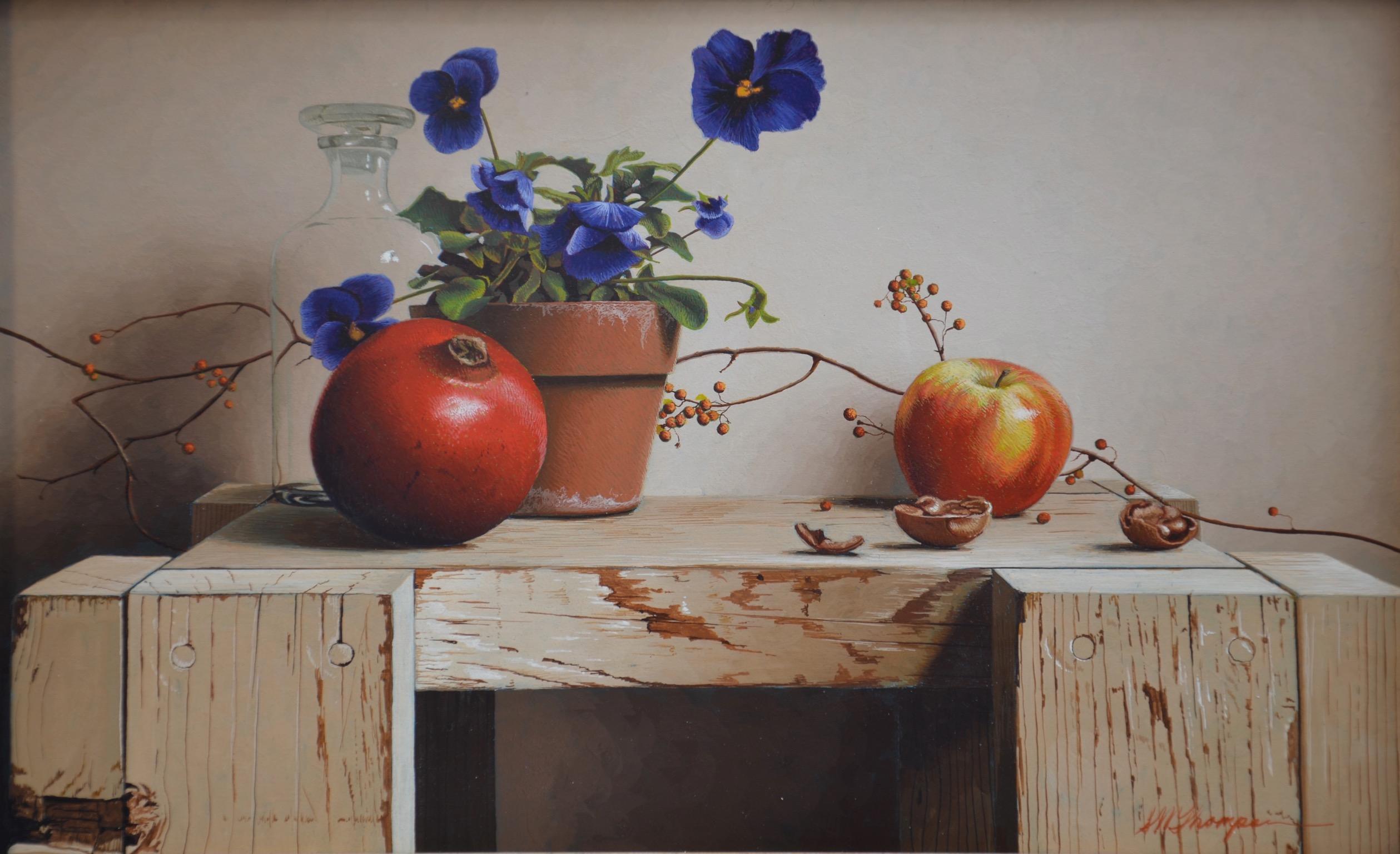 Still Life with Pansies and Pomegranate Egg Tempera  Realism  American Artist For Sale 2