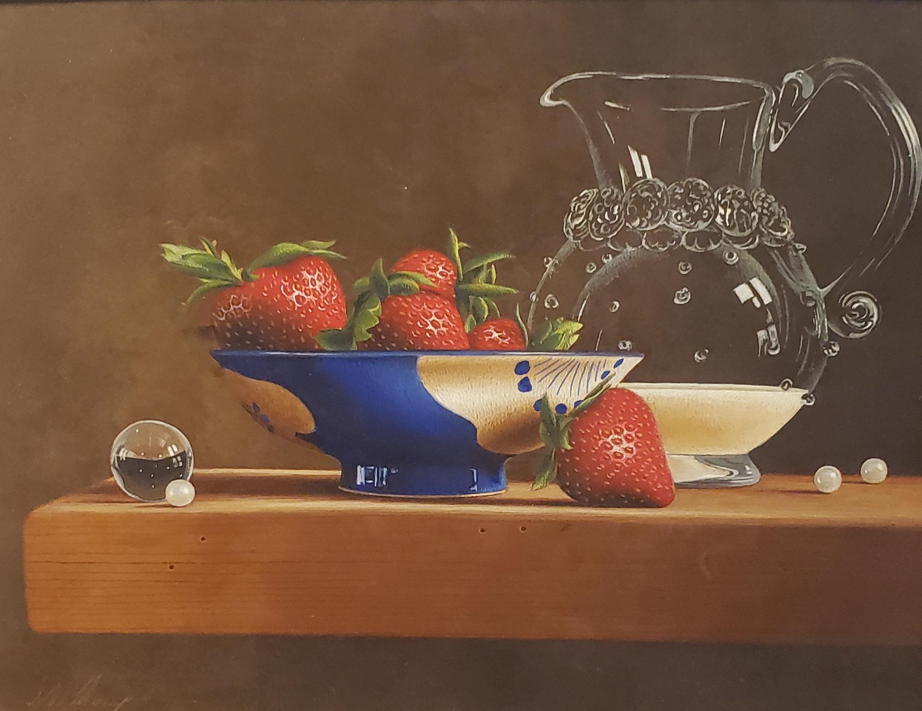 Strawberries and Cream, Egg Tempera,  Realism,  3D Appearance, American Artist - Painting by Mark Thompson