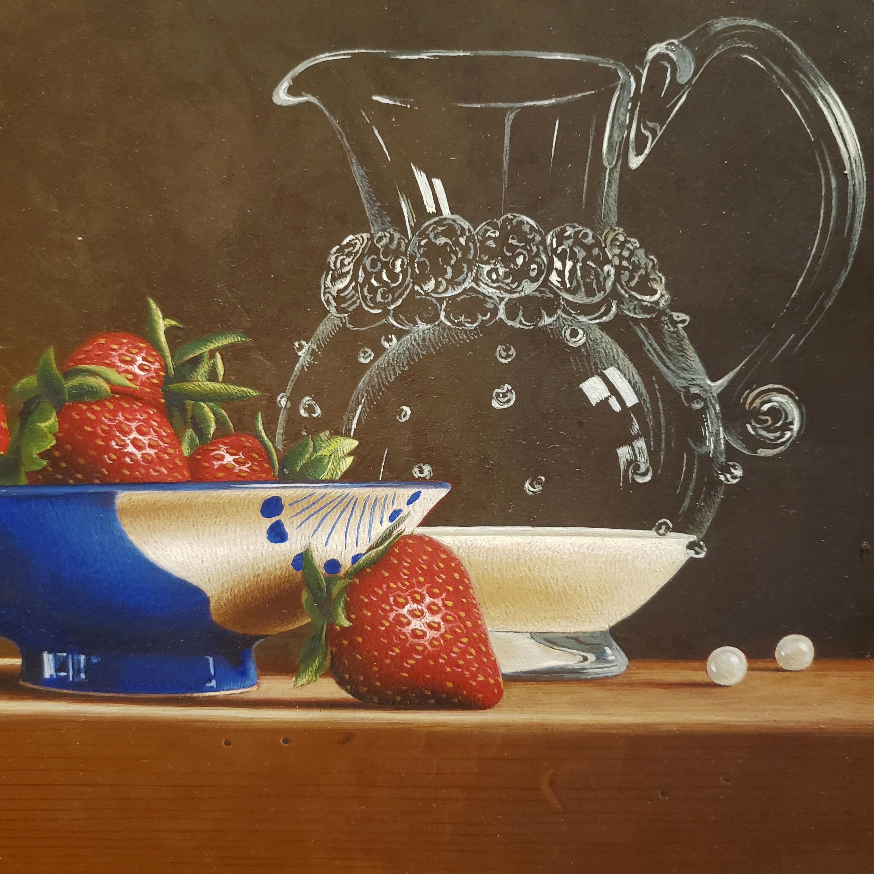 Strawberries and Cream, Egg Tempera,  Realism,  3D Appearance, American Artist - Realist Painting by Mark Thompson