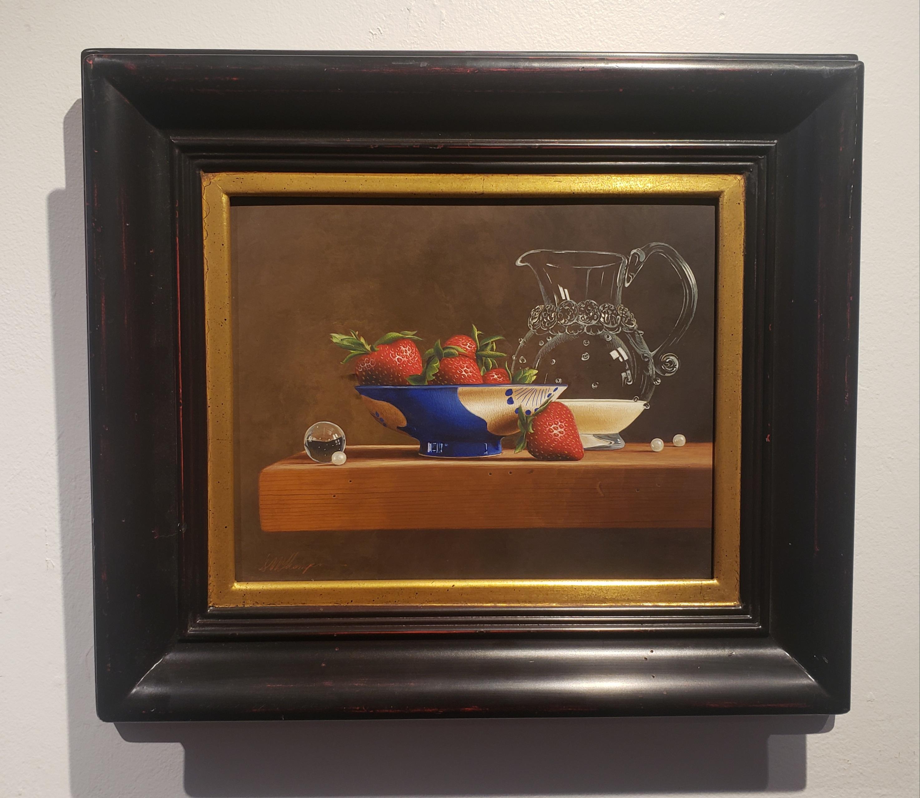 Strawberries and Cream, Egg Tempera,  Realism,  3D Appearance, American Artist - Brown Still-Life Painting by Mark Thompson
