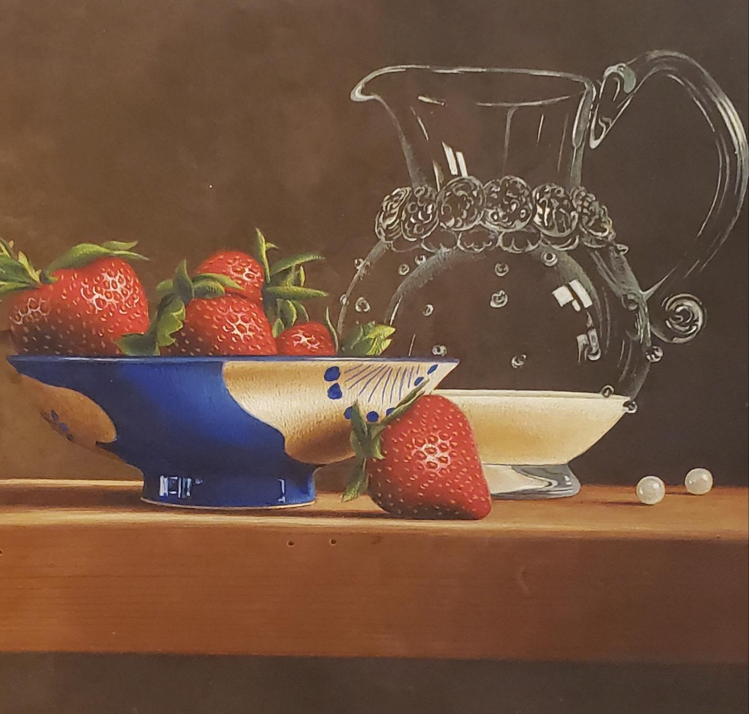 Fresas en un Bol con Cristal  Témpera al huevo, Realismo  7.5