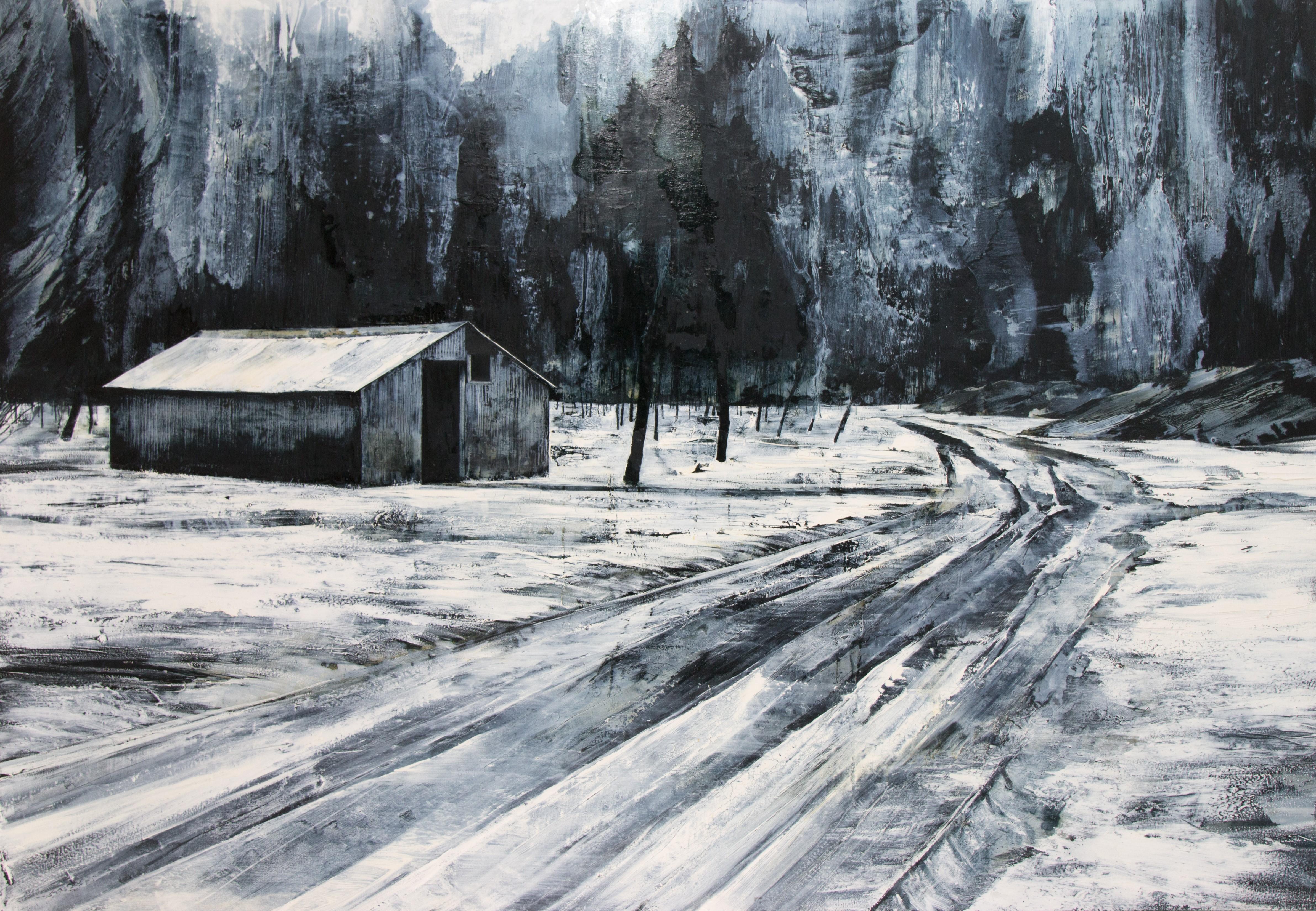 Mark Thompson Figurative Painting - The Injuries of Time, grey lanscape painting