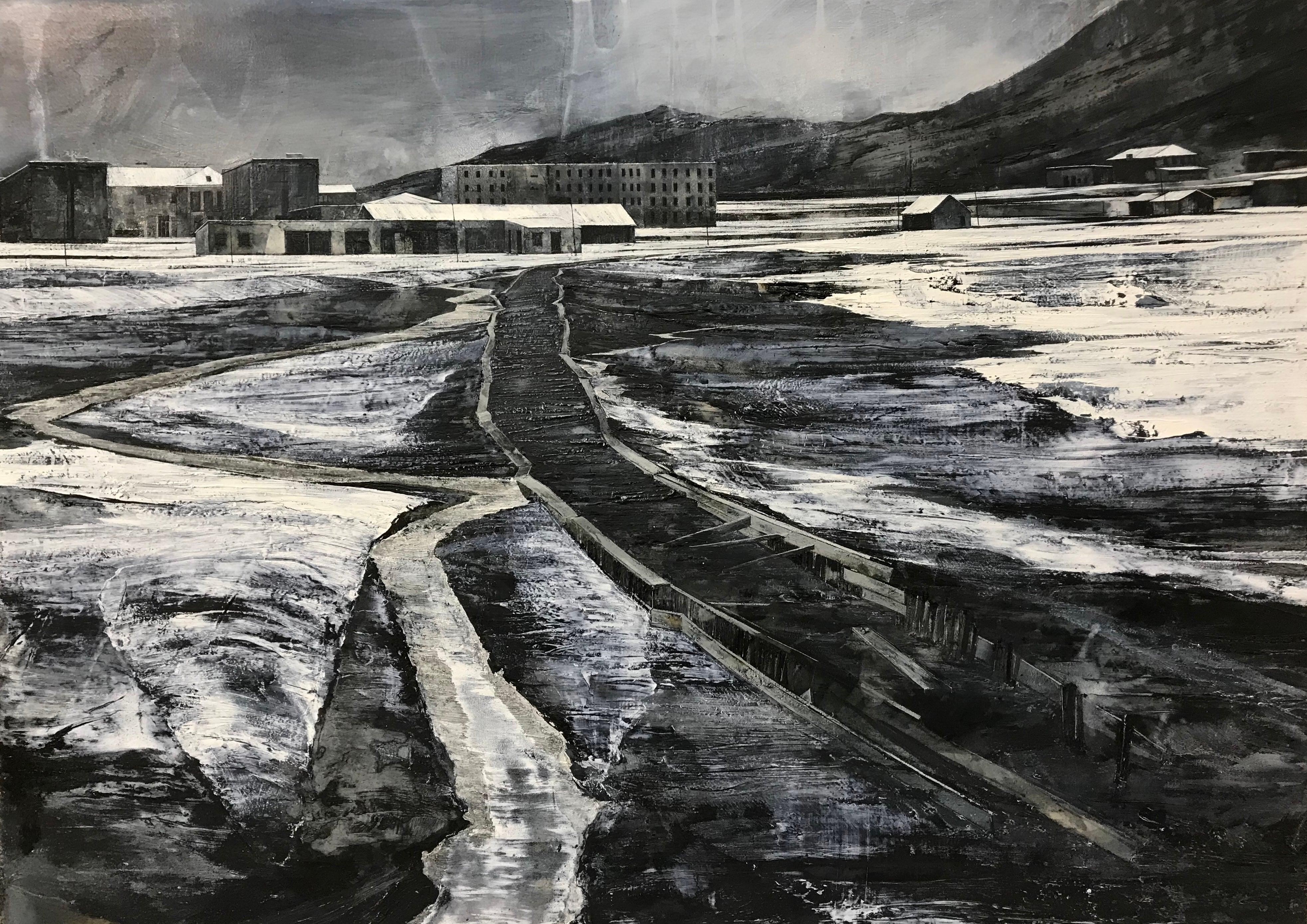 Atmosphärisches monochromes abstraktes Schwarz-Weiß-Landschaftsgemälde – Painting von Mark Thompson